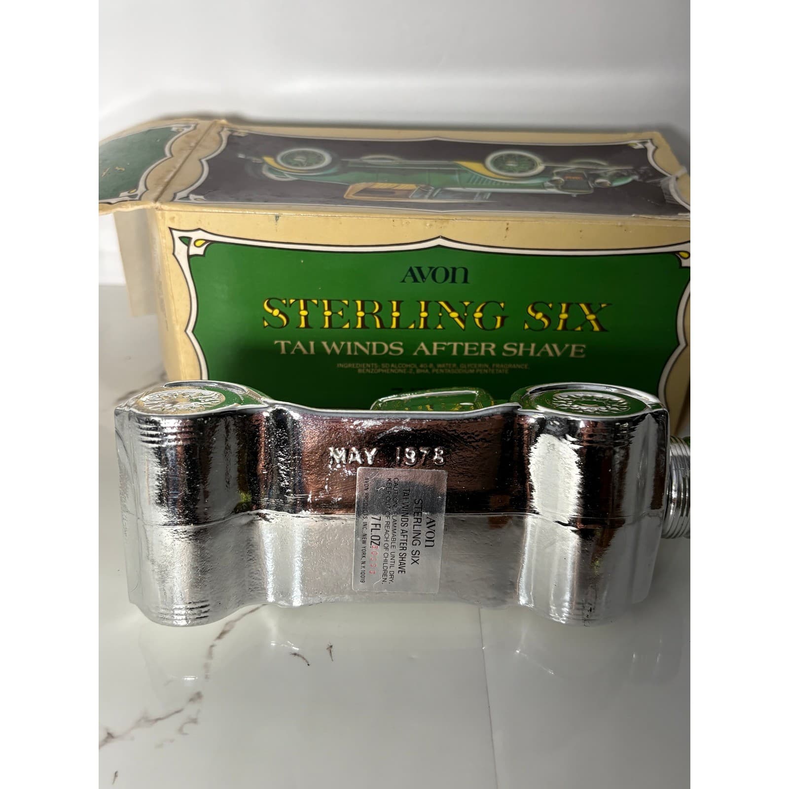 Vintage 1978 Avon Sterling Six Tai Winds After Shave Silver Car Decanter w/ Box - Thumbnail 8