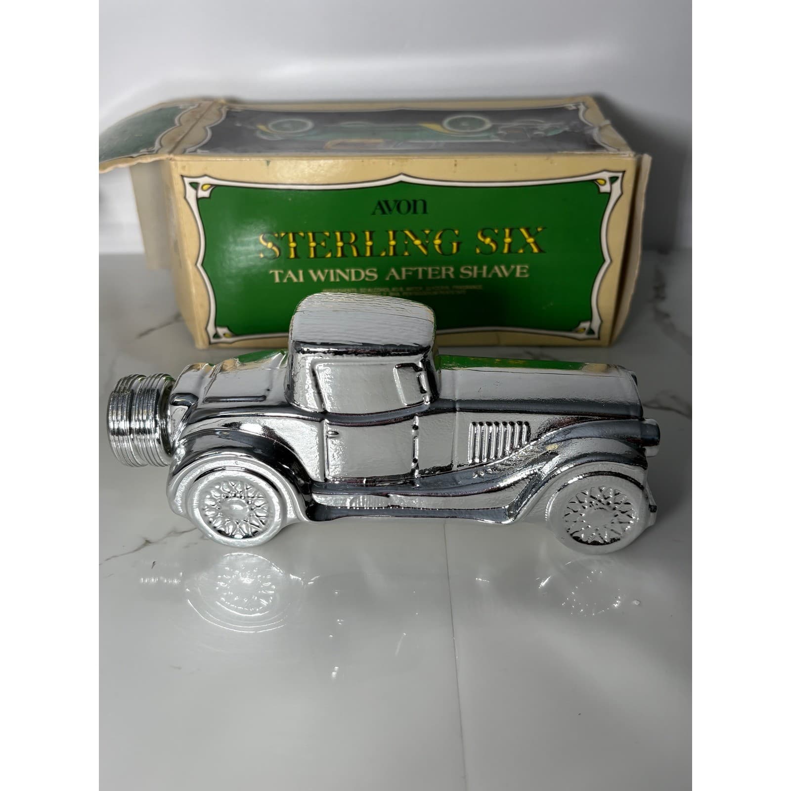 Vintage 1978 Avon Sterling Six Tai Winds After Shave Silver Car Decanter w/ Box - Thumbnail 5