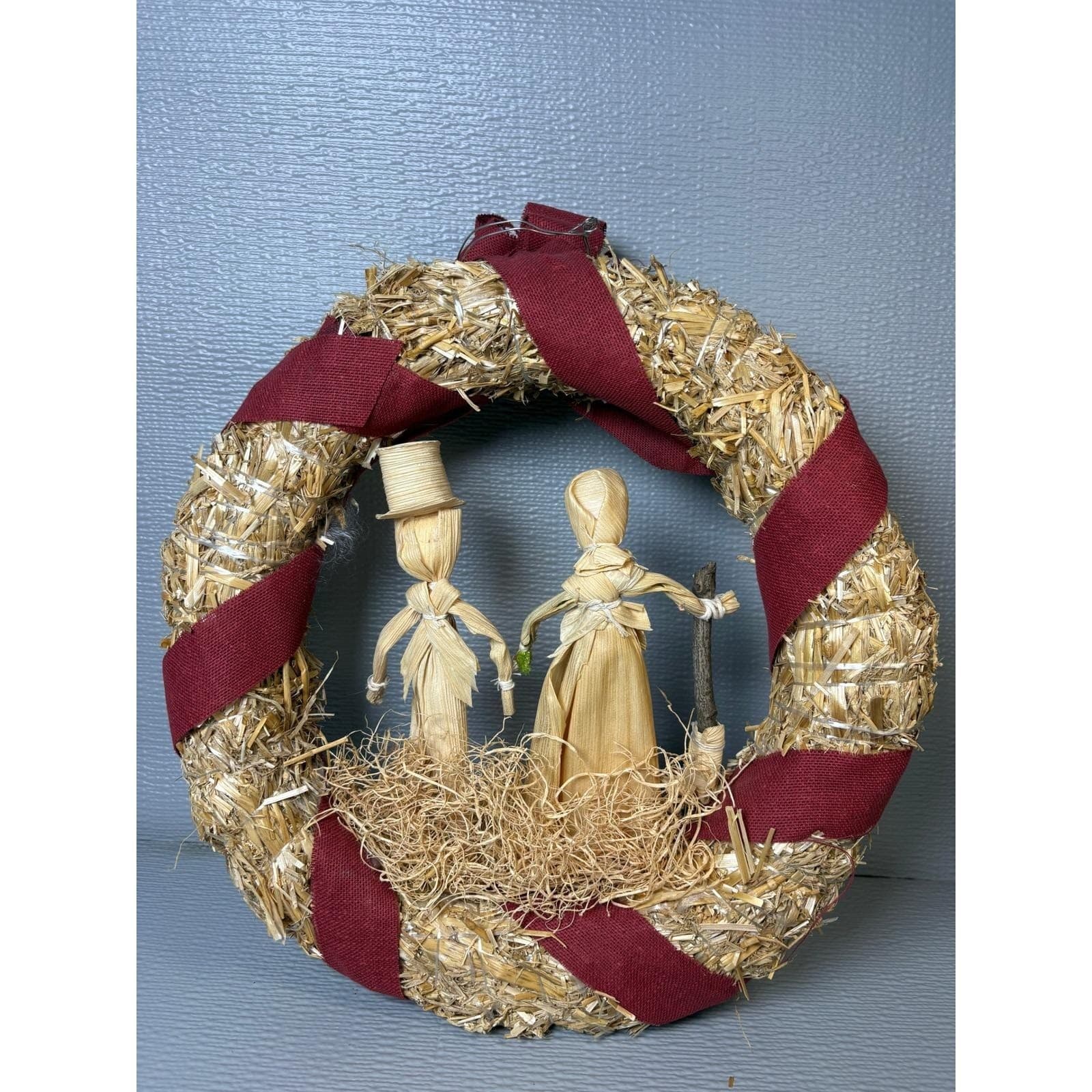 Vintage Corn Husk Doll Straw Wreath Harvest Fall Decor Burgundy Ribbon 12 Inch - Thumbnail 4