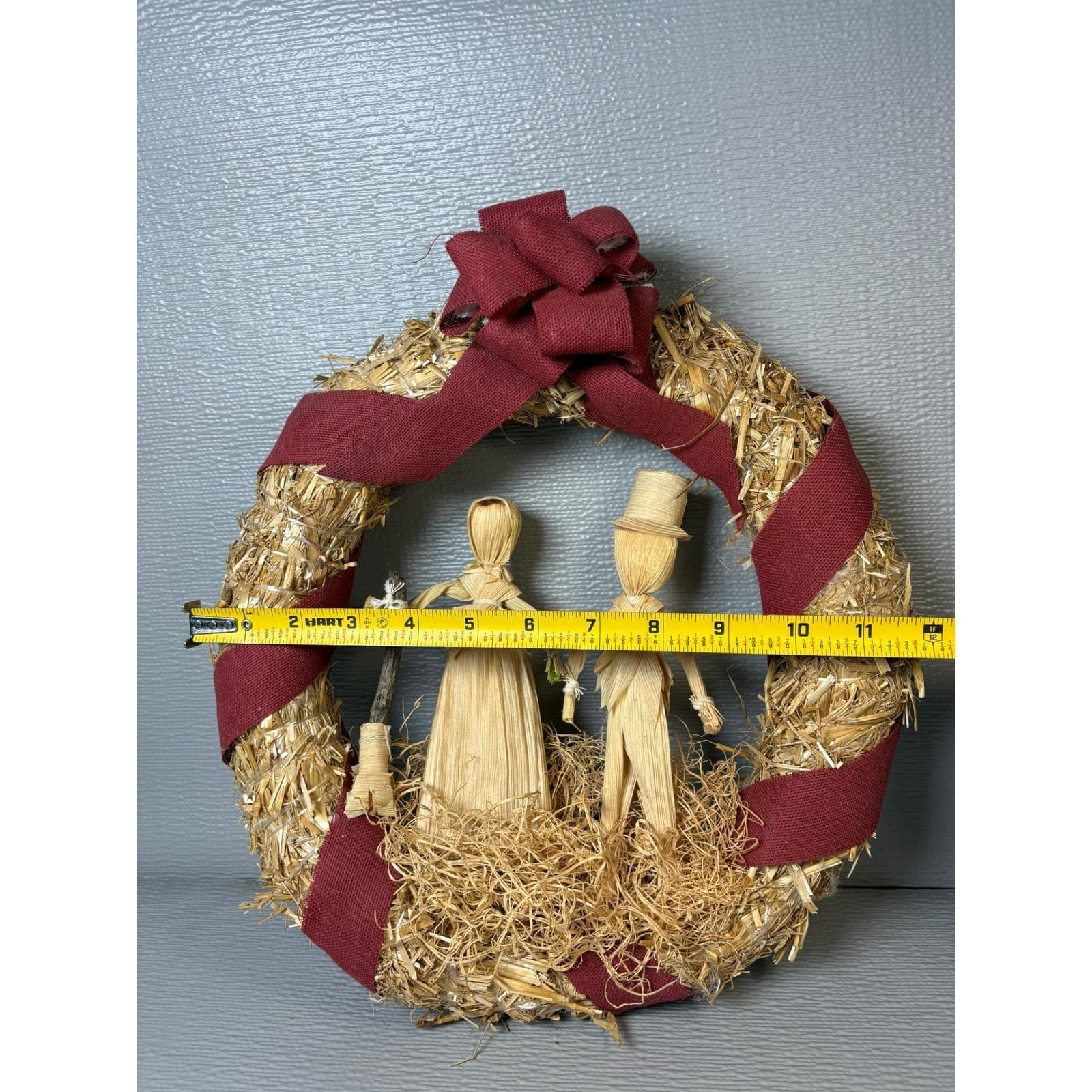 Vintage Corn Husk Doll Straw Wreath Harvest Fall Decor Burgundy Ribbon 12 Inch - Thumbnail 3