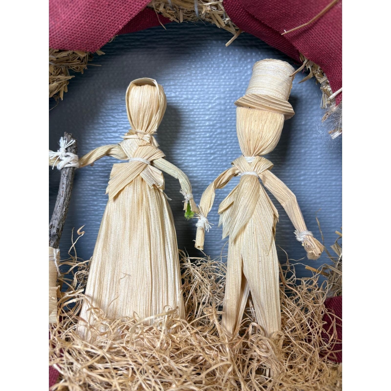 Vintage Corn Husk Doll Straw Wreath Harvest Fall Decor Burgundy Ribbon 12 Inch - Thumbnail 2