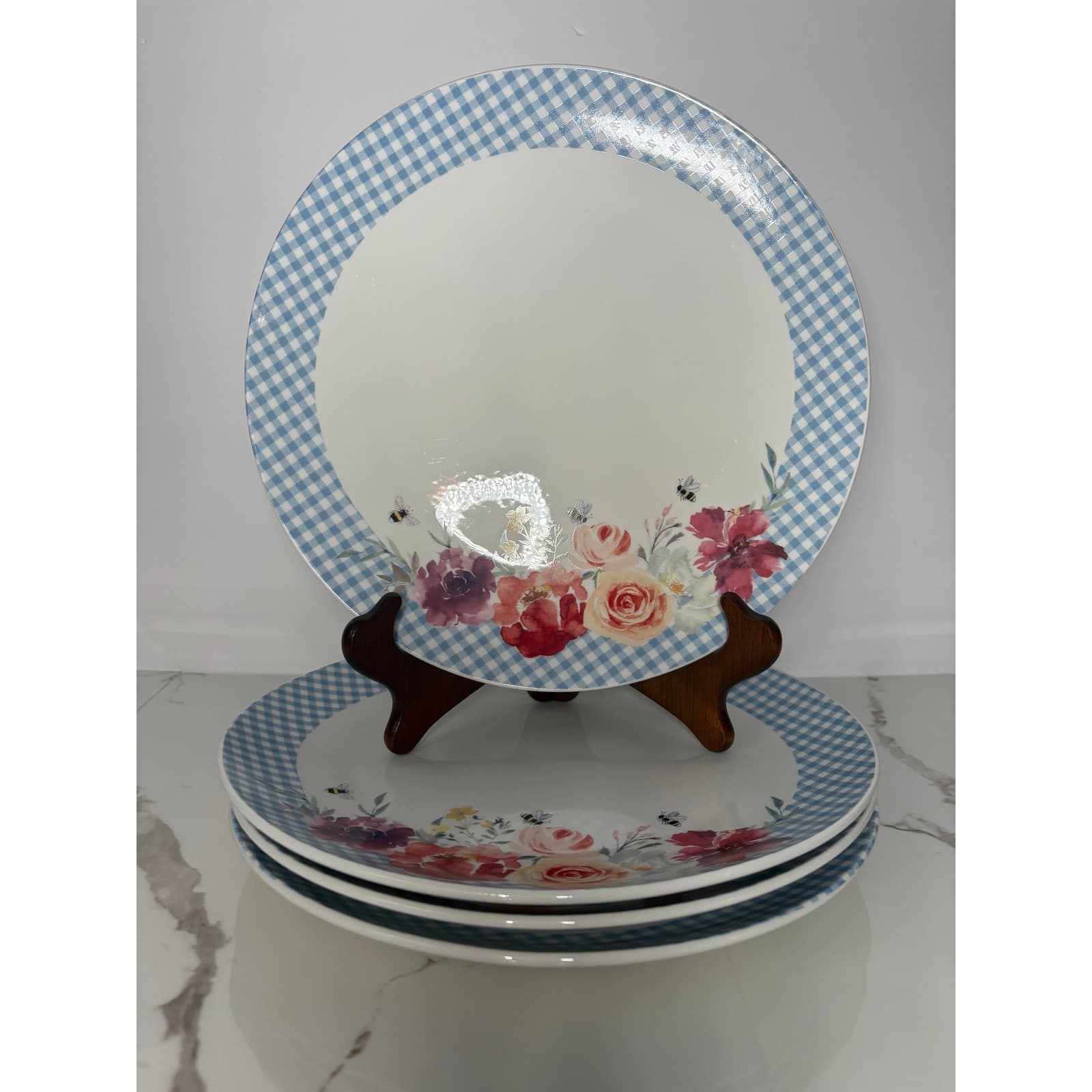 Harvest Green Studio Porcelain Dinner Plates Blue Gingham Floral Bee Set of 4 - Thumbnail 3