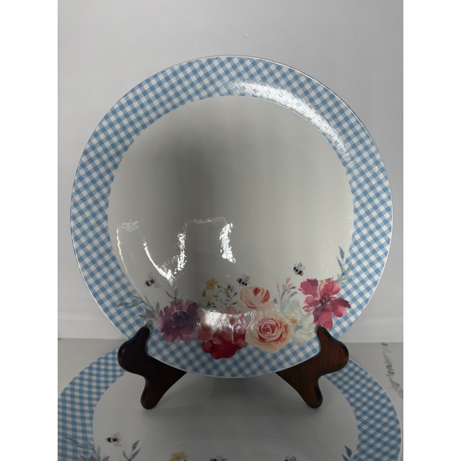 Harvest Green Studio Porcelain Dinner Plates Blue Gingham Floral Bee Set of 4 - Thumbnail 2