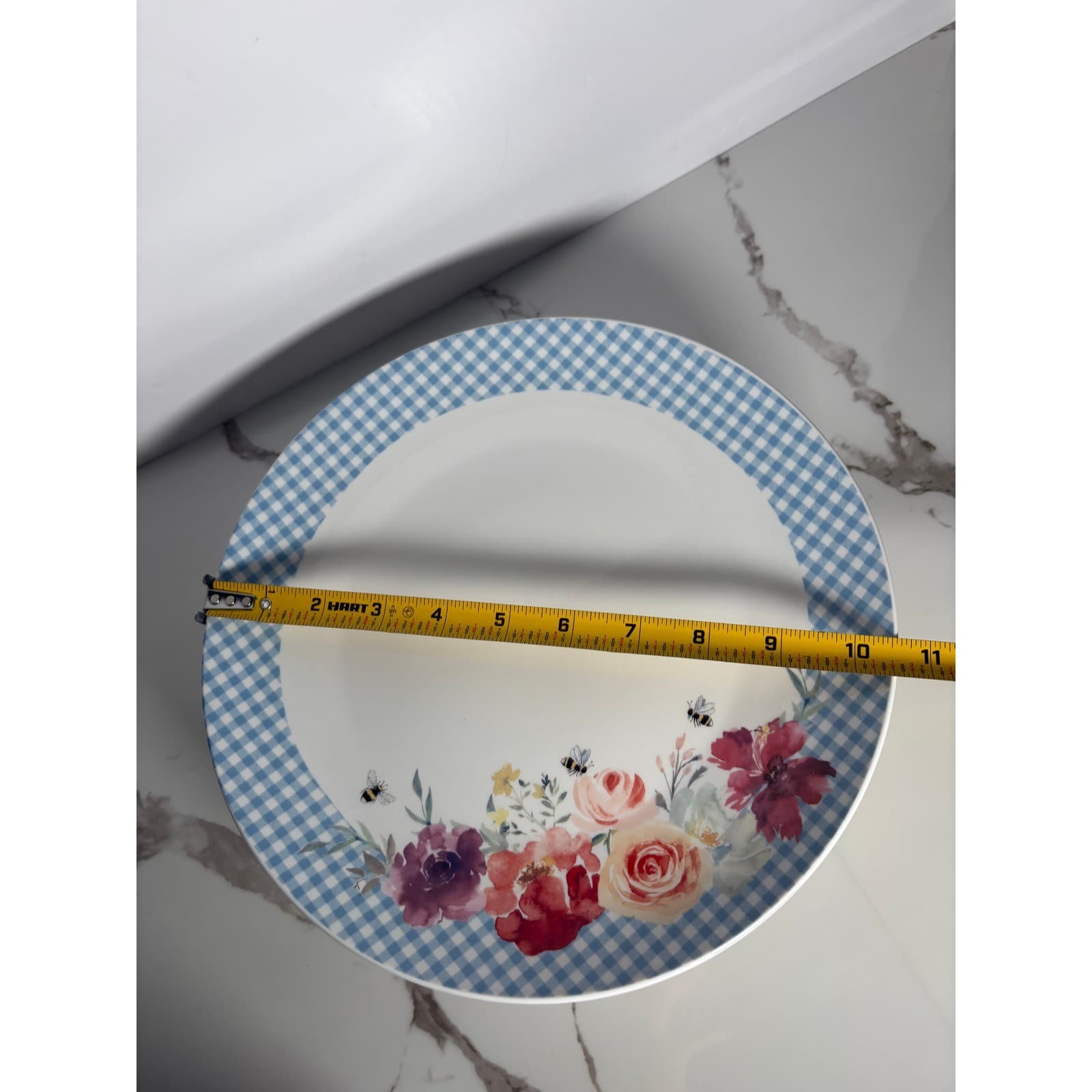 Harvest Green Studio Porcelain Dinner Plates Blue Gingham Floral Bee Set of 4 - Thumbnail 8