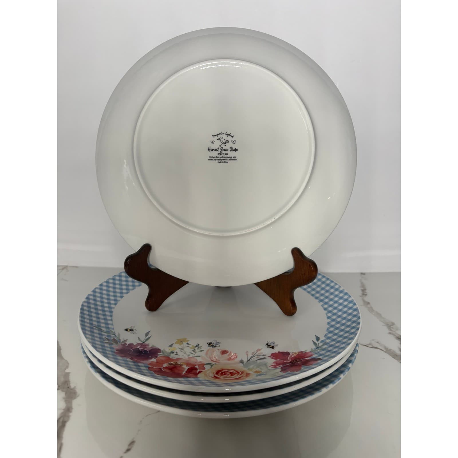 Harvest Green Studio Porcelain Dinner Plates Blue Gingham Floral Bee Set of 4 - Thumbnail 4