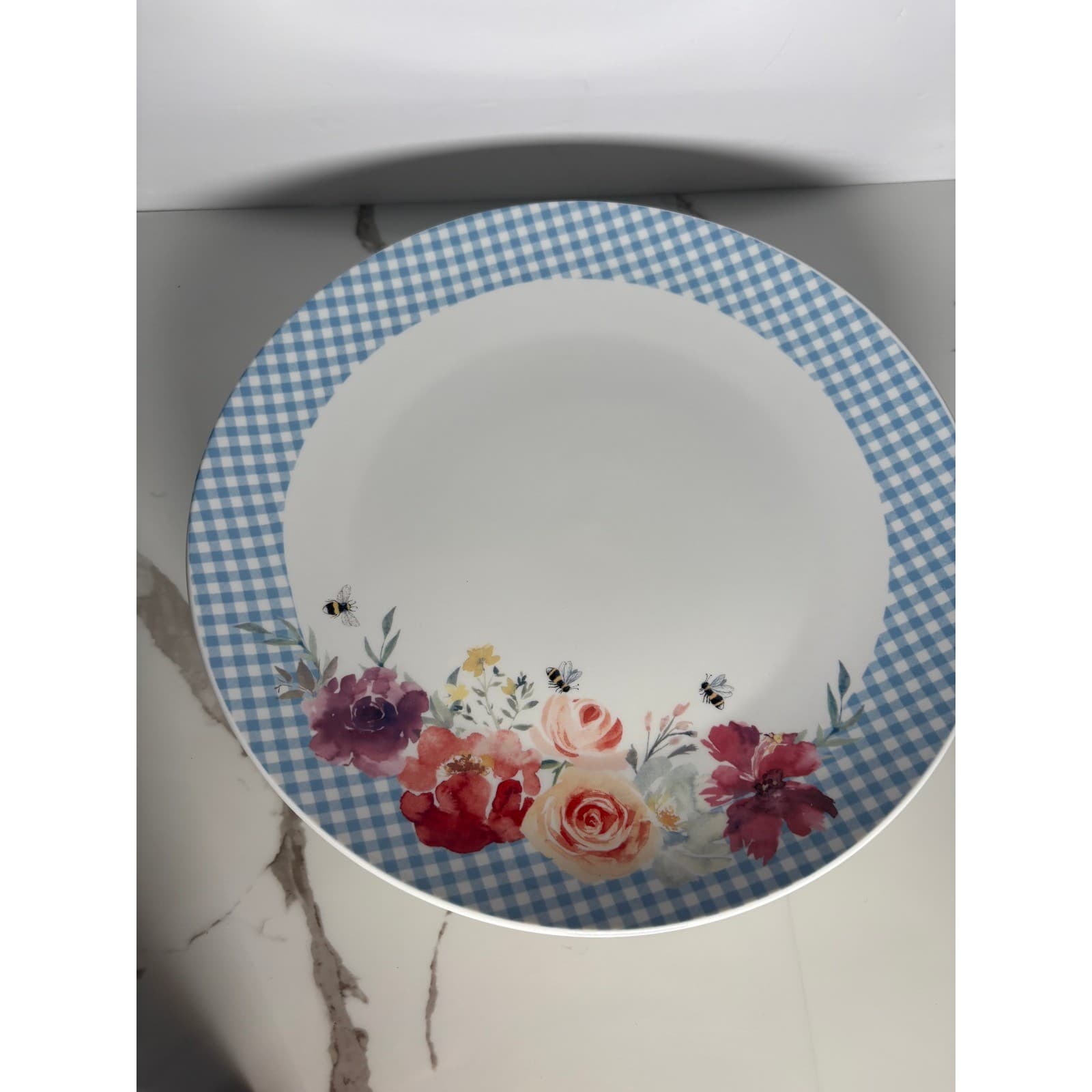 Harvest Green Studio Porcelain Dinner Plates Blue Gingham Floral Bee Set of 4 - Thumbnail 6