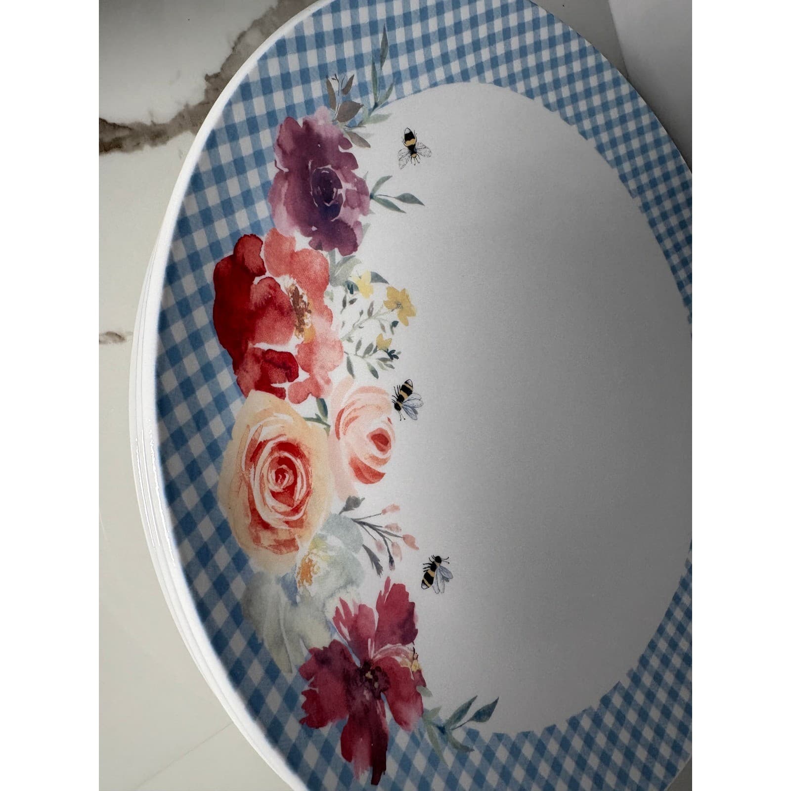 Harvest Green Studio Porcelain Dinner Plates Blue Gingham Floral Bee Set of 4 - Thumbnail 7