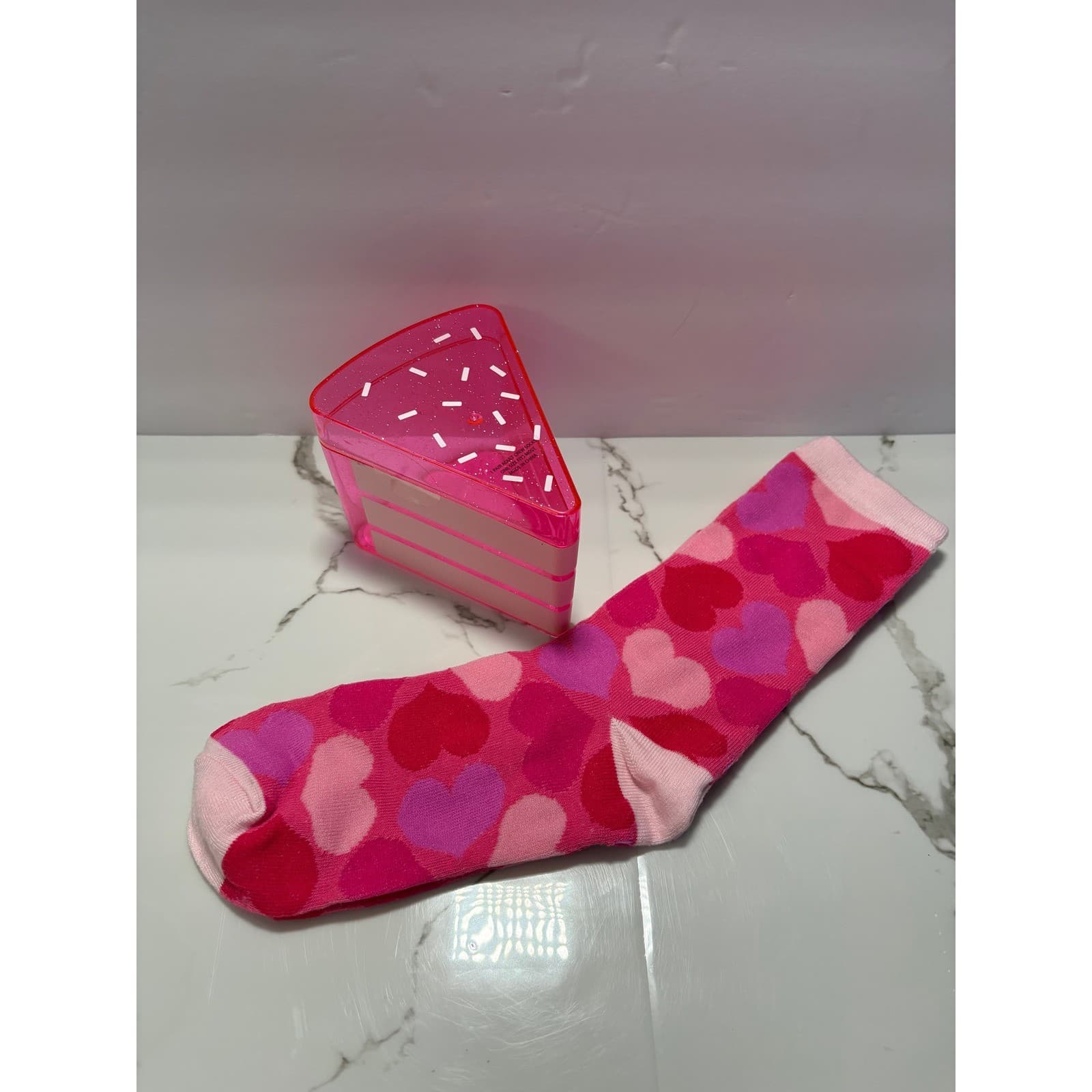 Way To Celebrate Pink Heart Crew Socks in Cake Slice Gift Box One Size Fits Most - Thumbnail 2