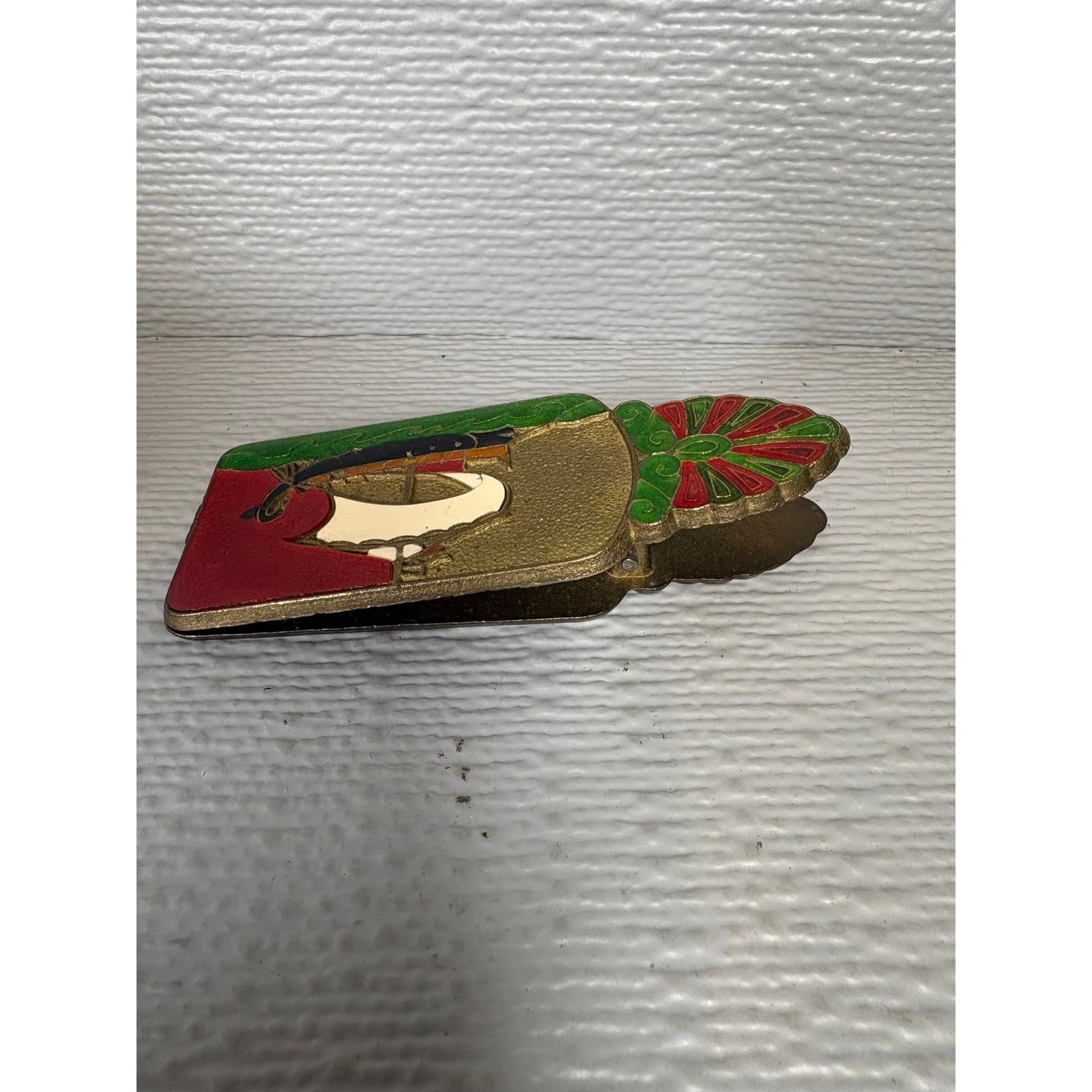 Vintage Brass Greek Cloisonne Enamel Money Clip Floral Nautical Sailing Ship - Thumbnail 3