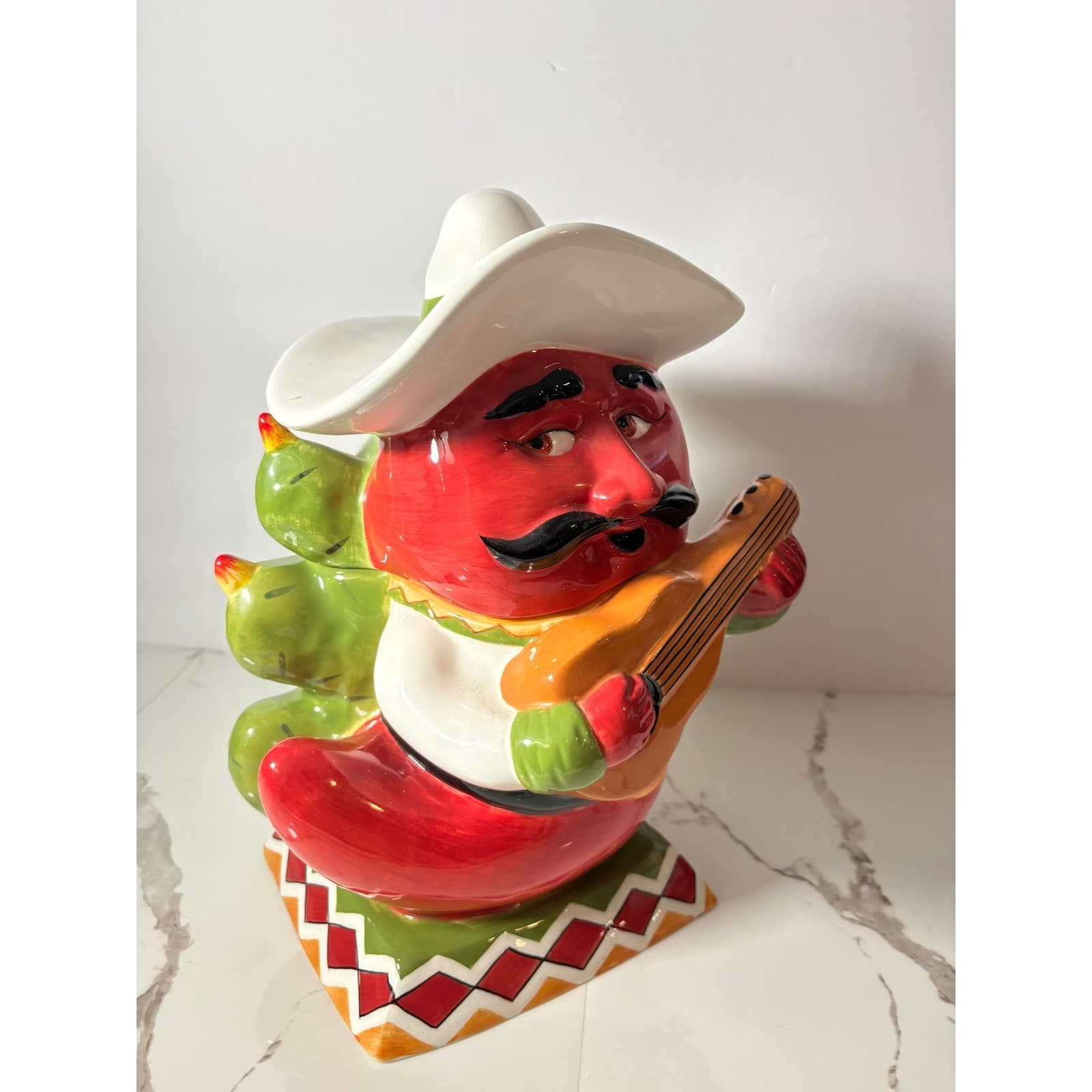 Clay Art Chili Pepper Cookie Jar Hand Painted Ceramic Sombrero Guitar Cactus - Thumbnail 6