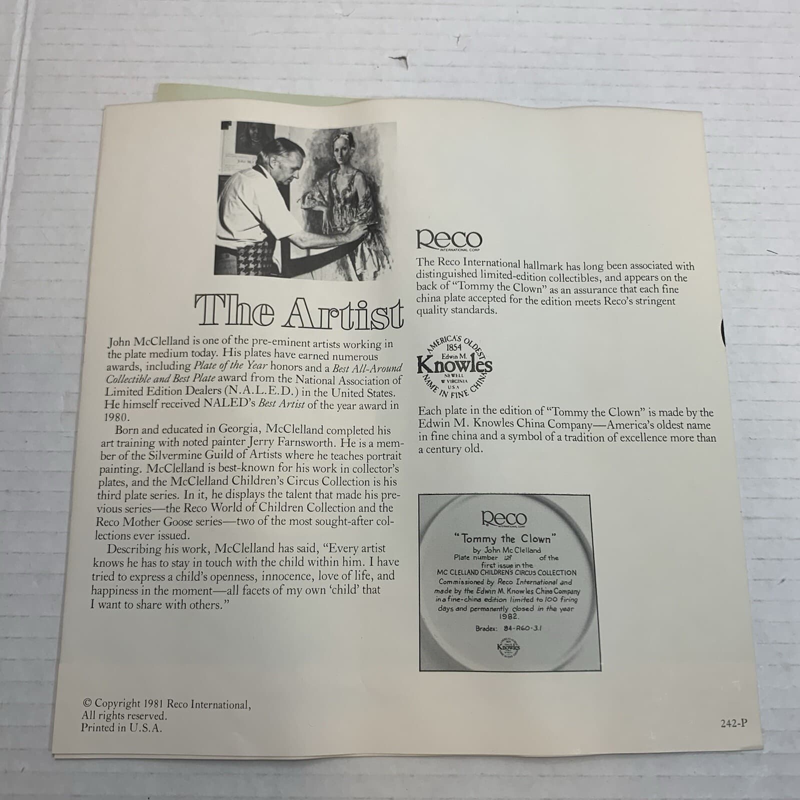 1982 McClelland TOMMY THE CLOWN Collector Plate Children's Circus Collection - Thumbnail 5