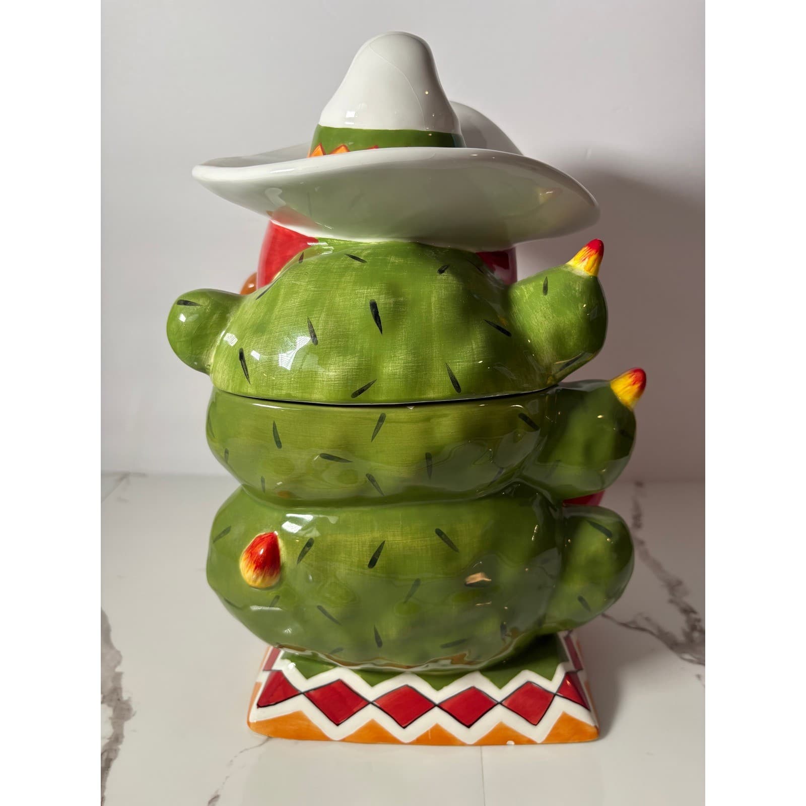 Clay Art Chili Pepper Cookie Jar Hand Painted Ceramic Sombrero Guitar Cactus - Thumbnail 4