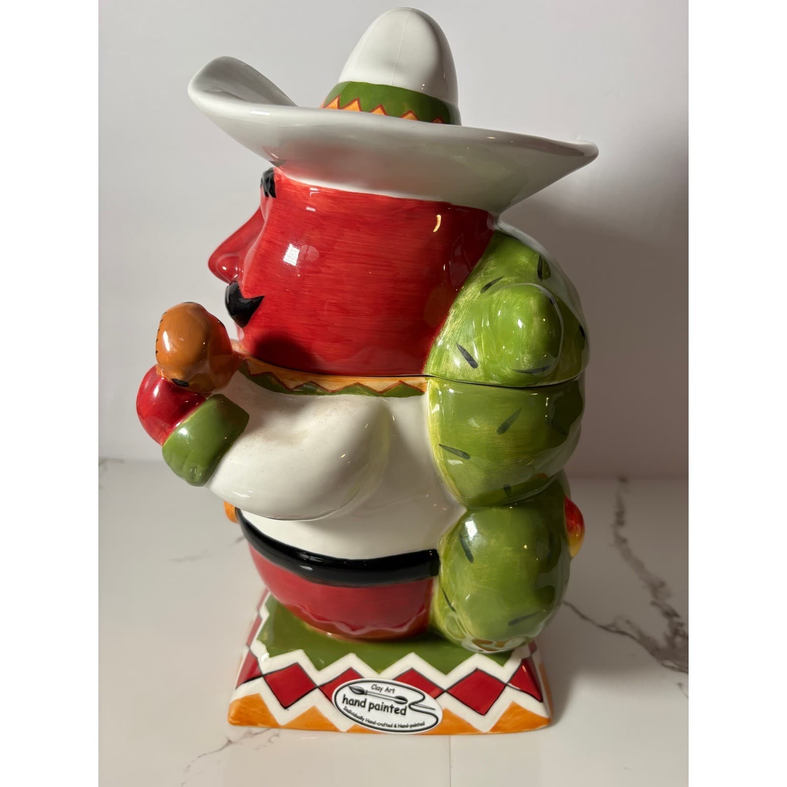 Clay Art Chili Pepper Cookie Jar Hand Painted Ceramic Sombrero Guitar Cactus - Thumbnail 2