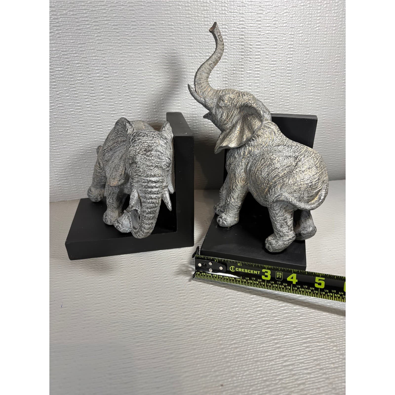 Elephant Bookends Pair Grey Silver Resin Animal Statues Safari Home Decor - Thumbnail 4