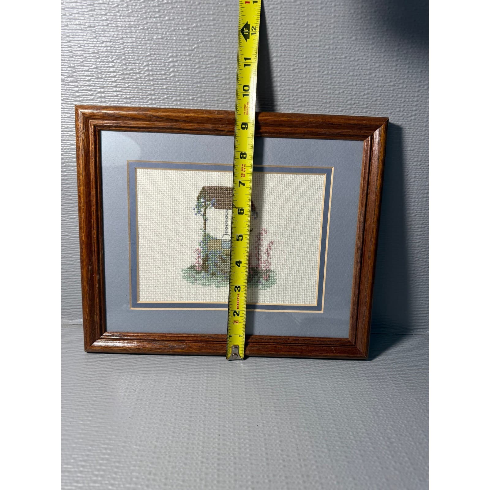 Vintage Framed Cross Stitch Wishing Well Needlepoint Art Blue Mat Wood Framed - Thumbnail 4