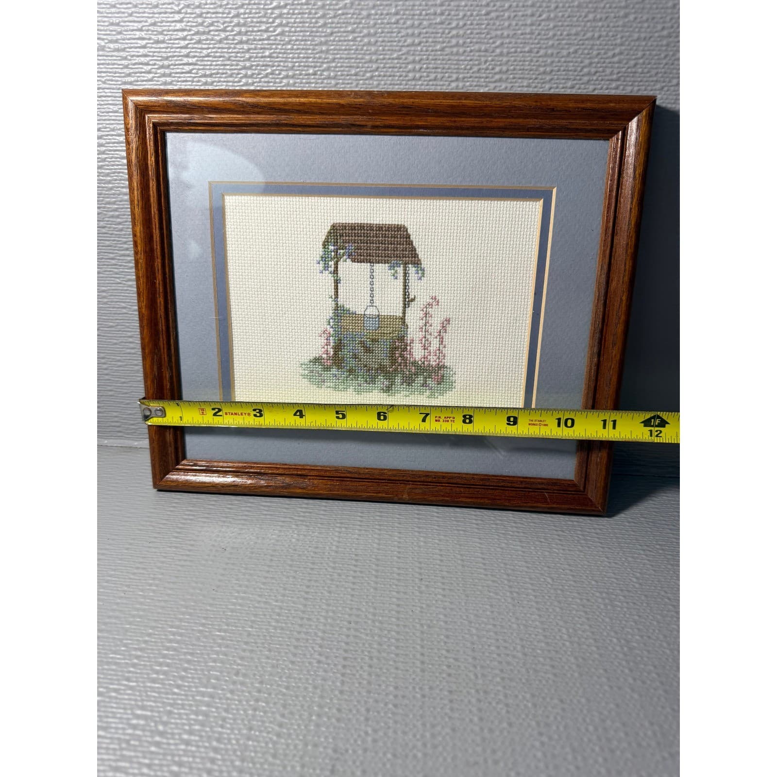 Vintage Framed Cross Stitch Wishing Well Needlepoint Art Blue Mat Wood Framed - Thumbnail 3