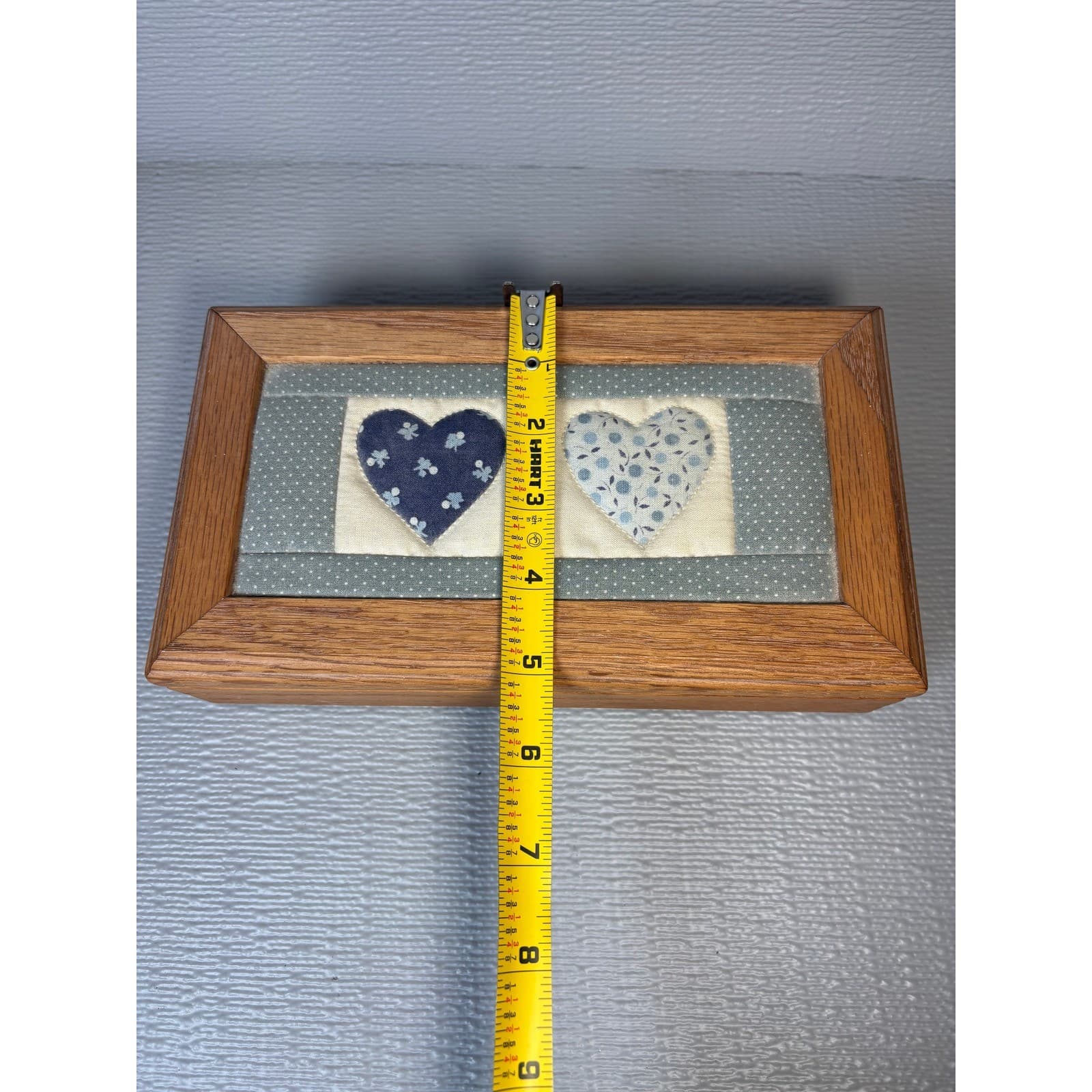 Vintage Oak Trinket Box Quilted Heart Inlay Blue Country Decor - Thumbnail 7