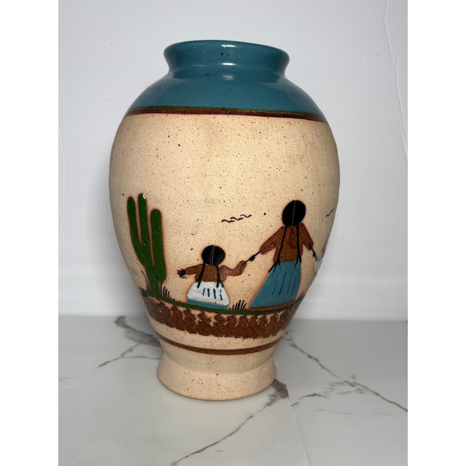 Vintage Mexican Folk Art Pottery Vase Hand Painted Family Desert Scene Teal Rim - Thumbnail 14