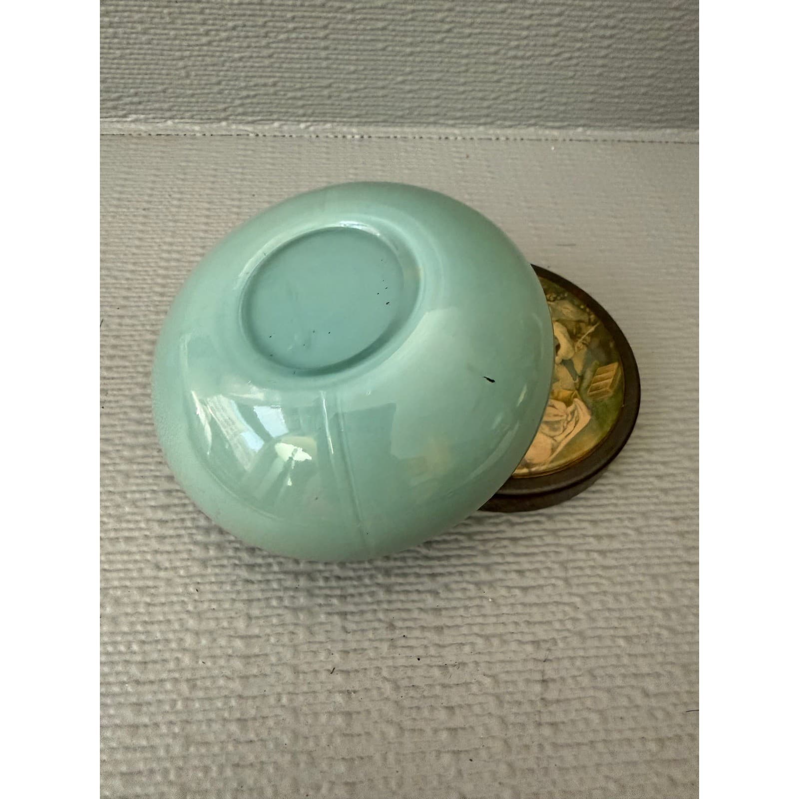 Vintage Green Milk Glass Trinket Dish Pastoral Scene Metal Lid Jar - Thumbnail 4