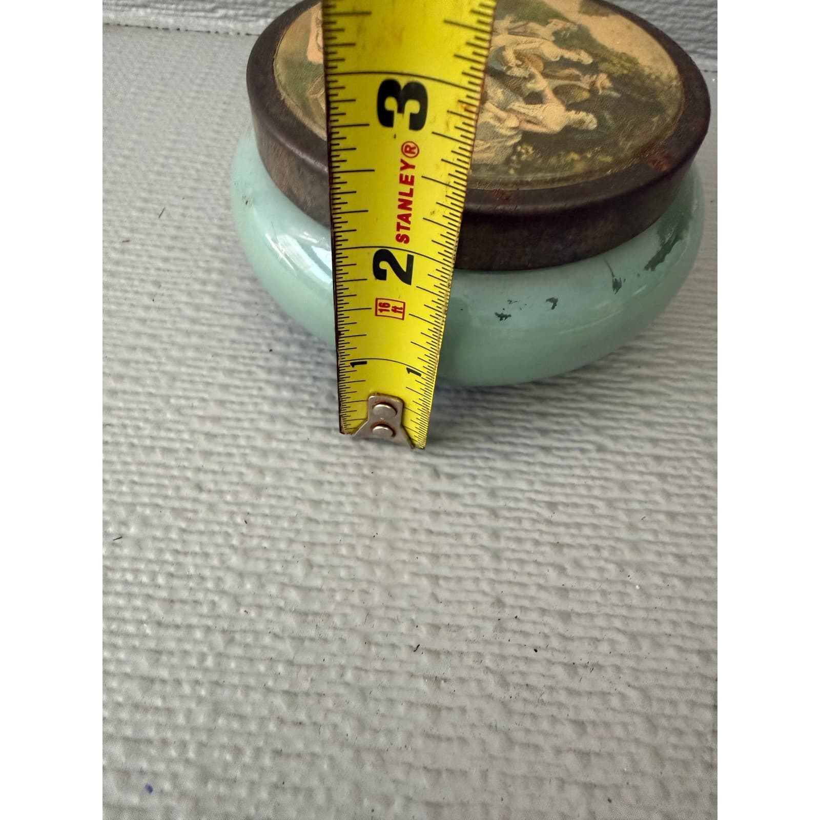 Vintage Green Milk Glass Trinket Dish Pastoral Scene Metal Lid Jar - Thumbnail 6