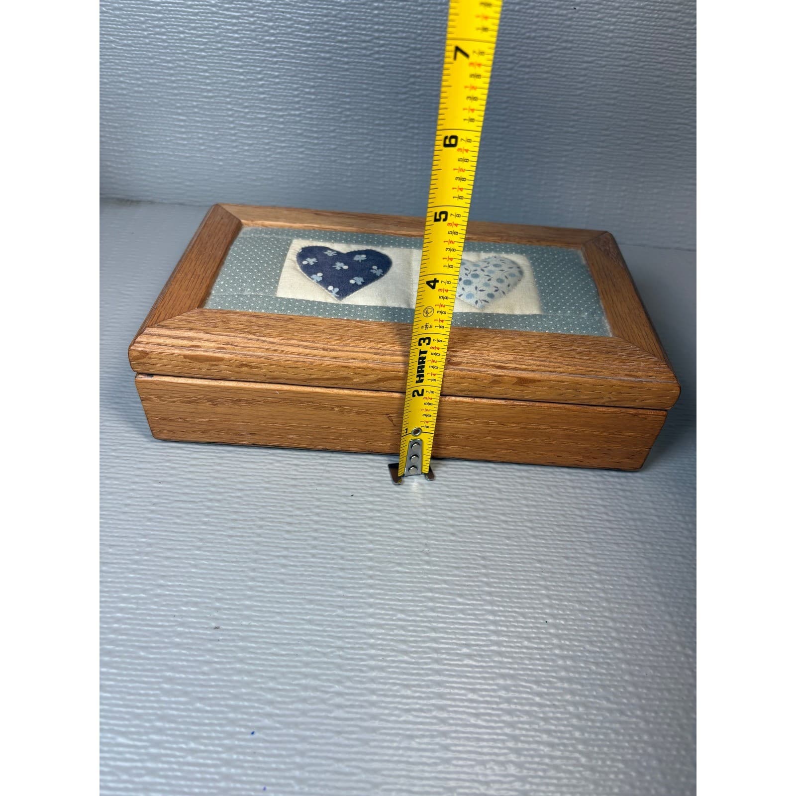 Vintage Oak Trinket Box Quilted Heart Inlay Blue Country Decor - Thumbnail 8
