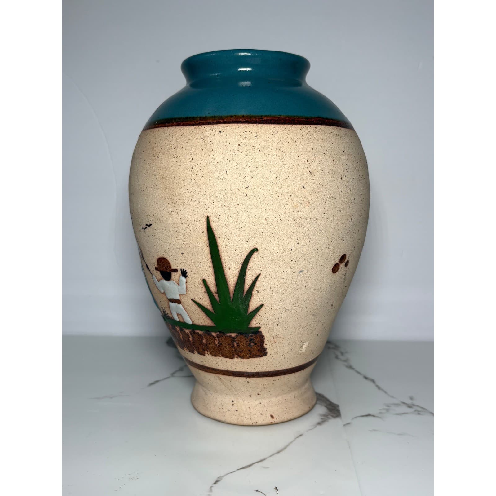 Vintage Mexican Folk Art Pottery Vase Hand Painted Family Desert Scene Teal Rim - Thumbnail 2