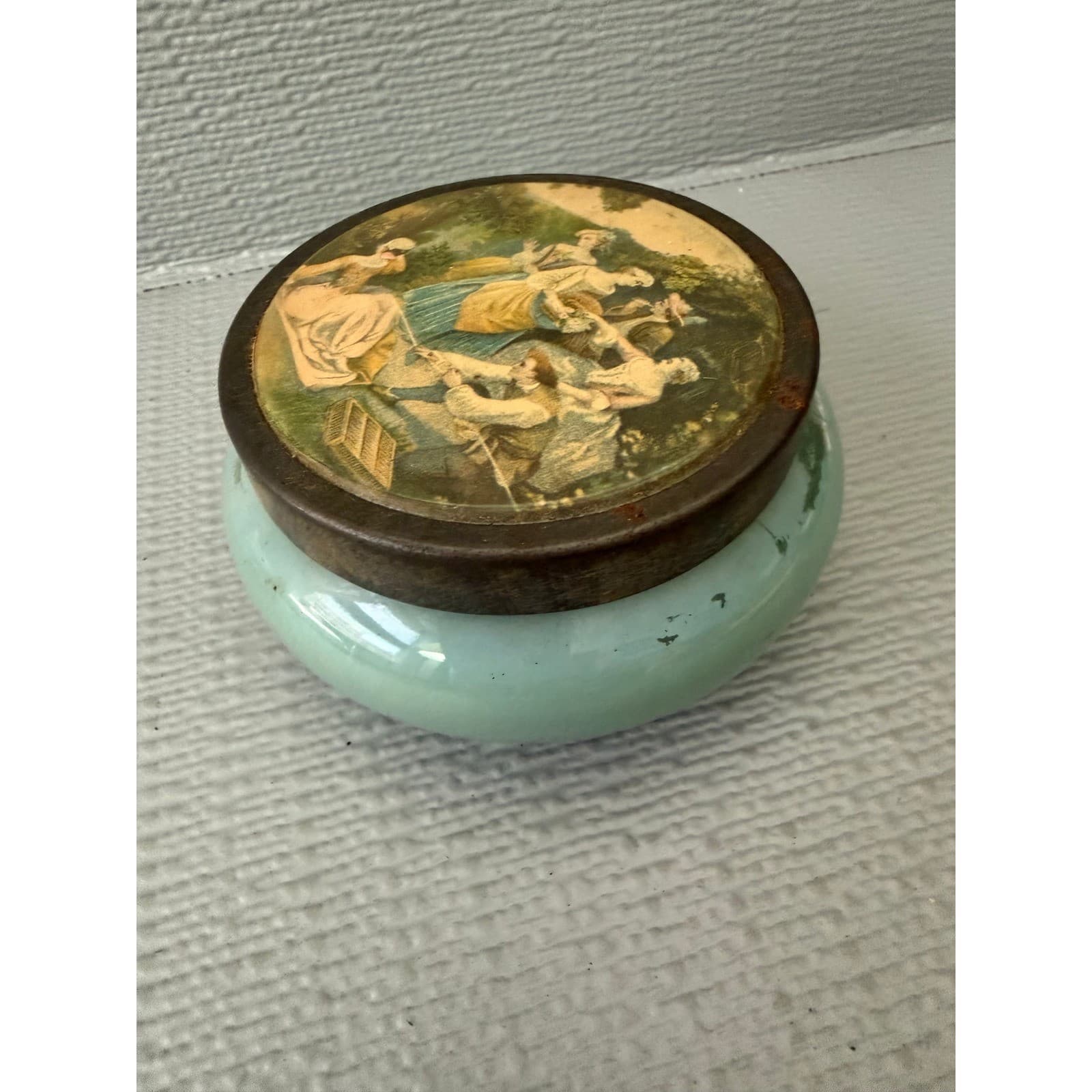Vintage Green Milk Glass Trinket Dish Pastoral Scene Metal Lid Jar - Thumbnail 5