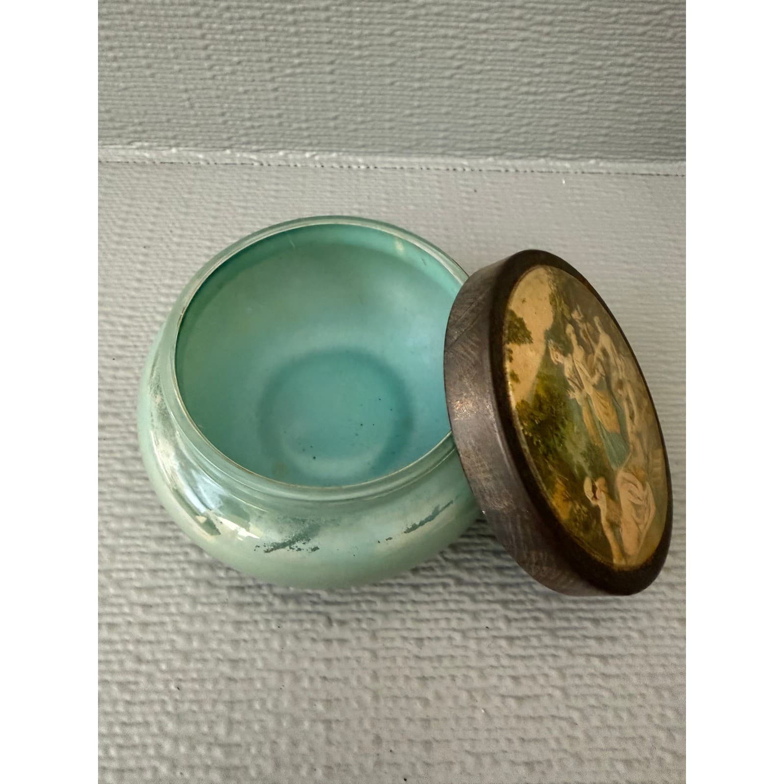 Vintage Green Milk Glass Trinket Dish Pastoral Scene Metal Lid Jar - Thumbnail 3