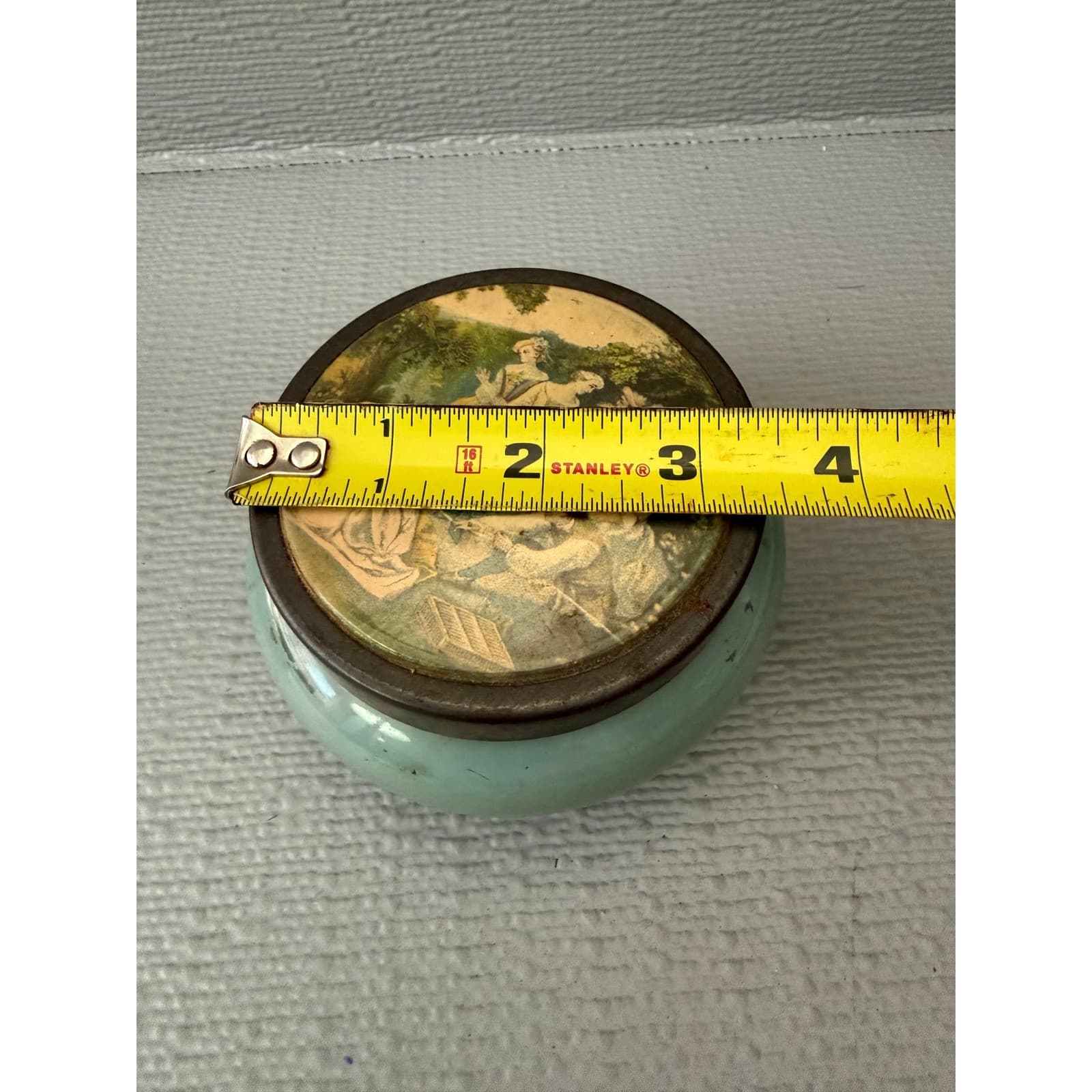 Vintage Green Milk Glass Trinket Dish Pastoral Scene Metal Lid Jar - Thumbnail 7