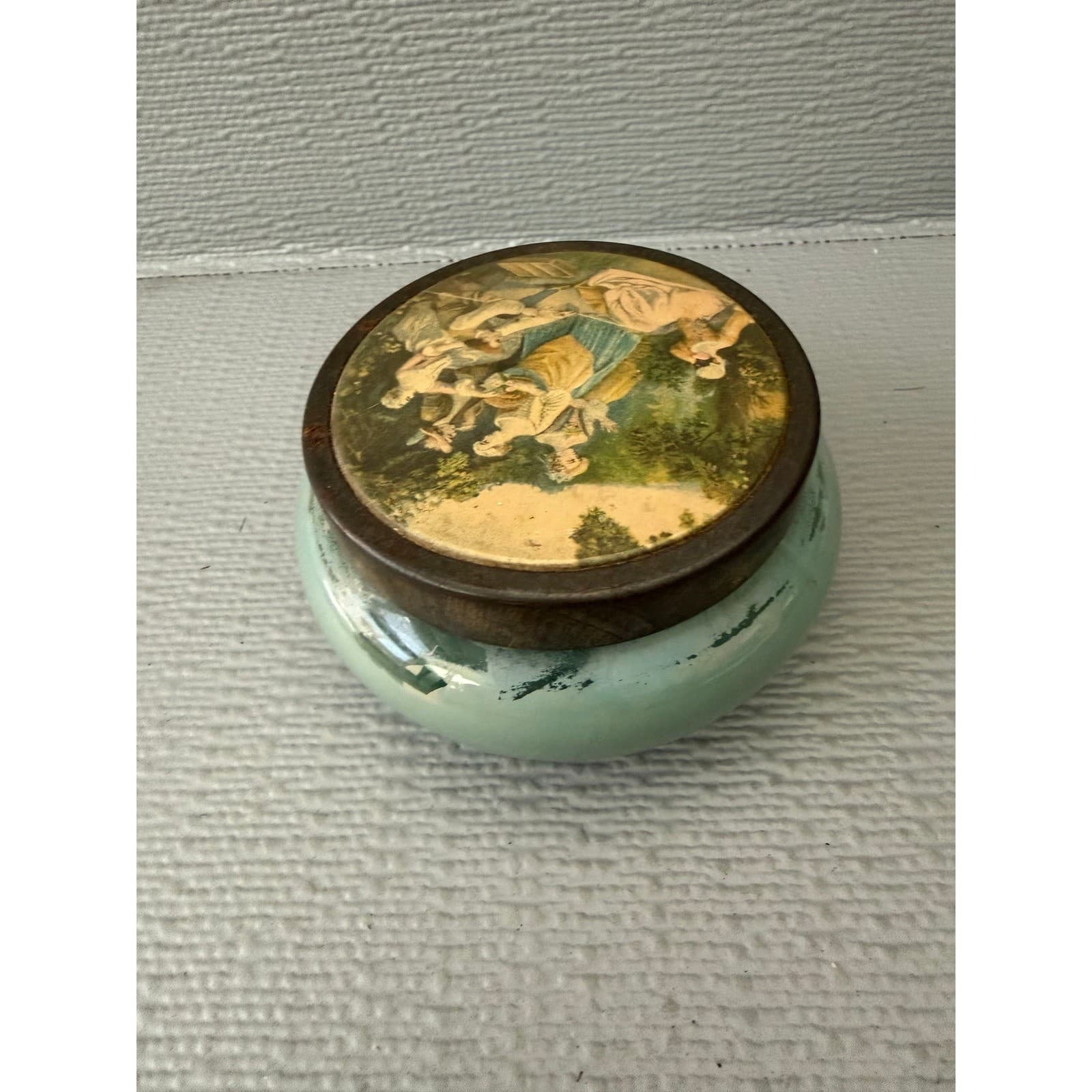 Vintage Green Milk Glass Trinket Dish Pastoral Scene Metal Lid Jar - Thumbnail 2