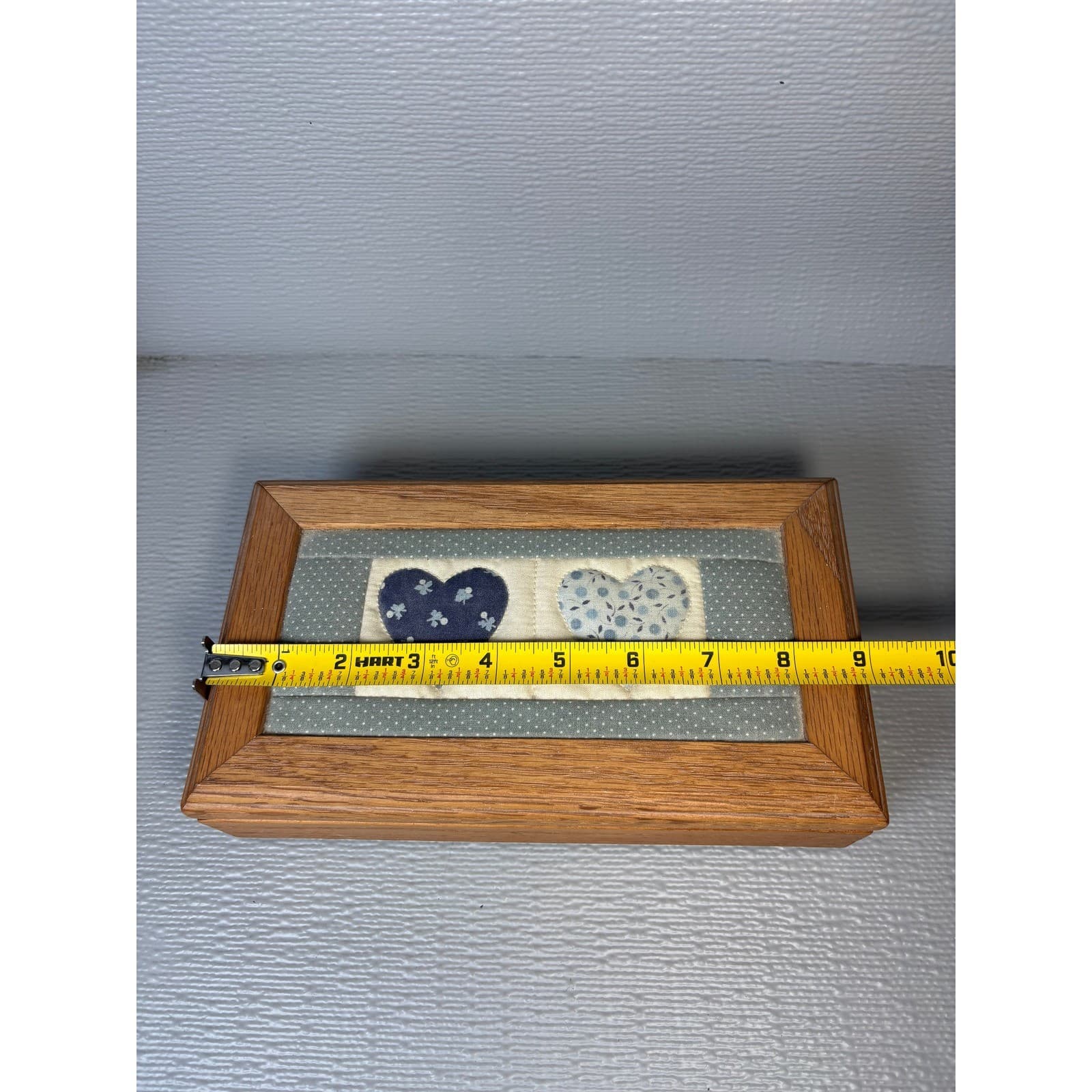 Vintage Oak Trinket Box Quilted Heart Inlay Blue Country Decor - Thumbnail 6