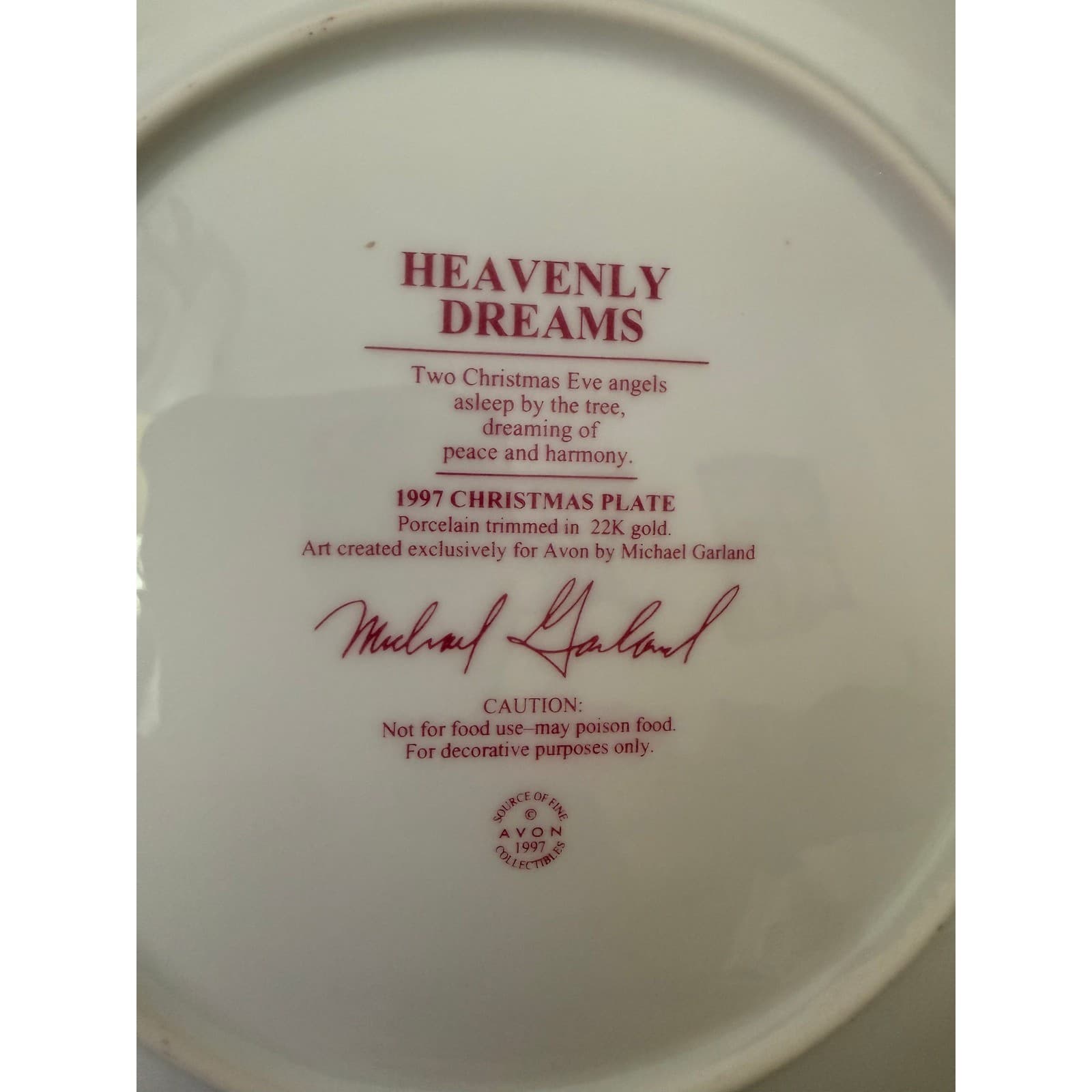 Avon 1997 Heavenly Dreams Christmas Plate Michael Garland 22K Gold Trim 8" - Thumbnail 3