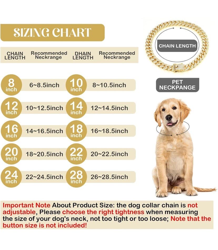 Pet Dog Cat Metal Gold Chain Diamond Cuban Link Collar Luxury Necklace Bling 12” - Thumbnail 6