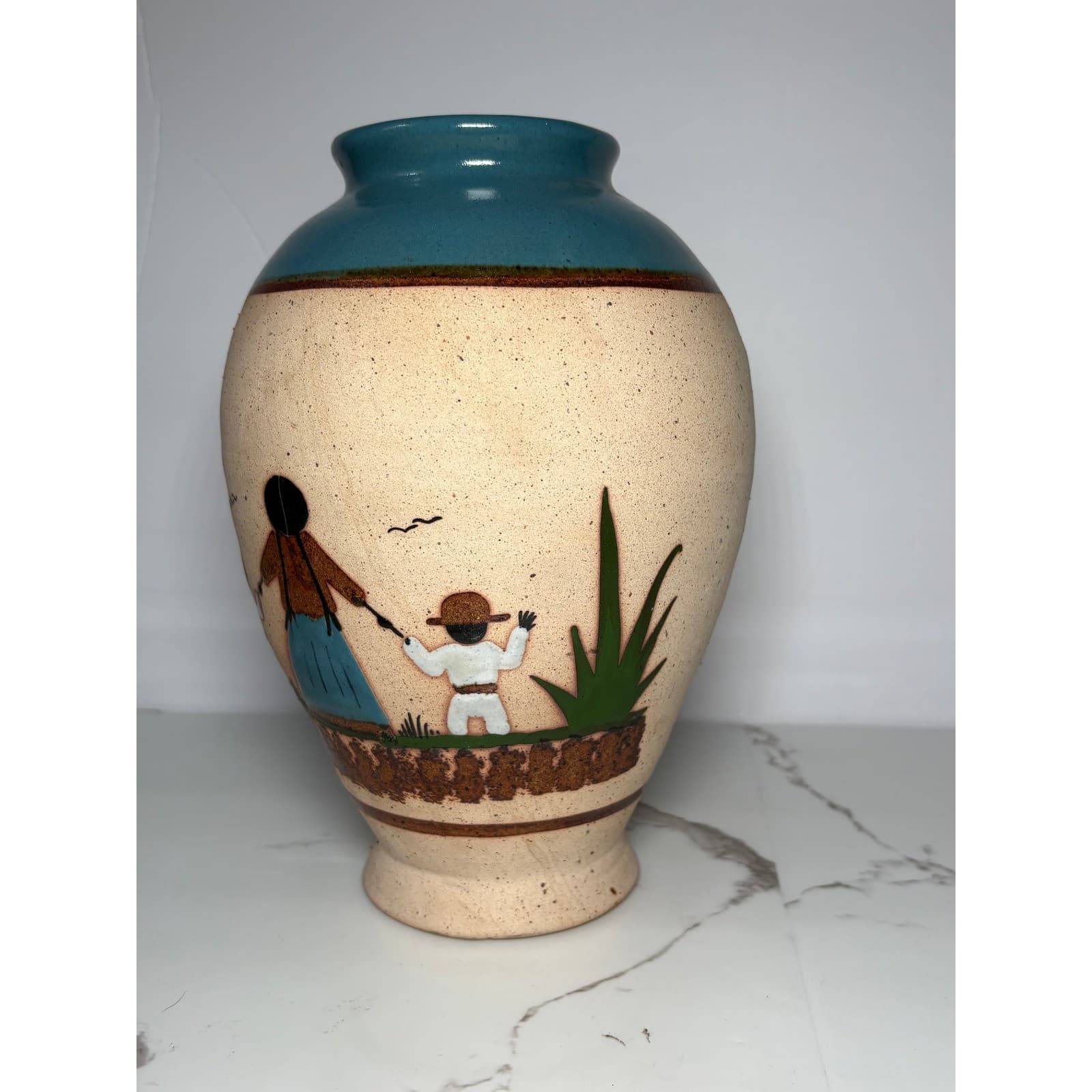 Vintage Mexican Folk Art Pottery Vase Hand Painted Family Desert Scene Teal Rim - Thumbnail 7