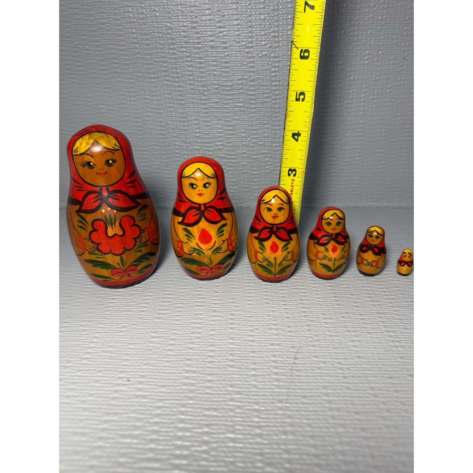 Vintage Russian Matryoshka Nesting Dolls Set 6 Piece Hand Painted Wood Folk Art - Thumbnail 14