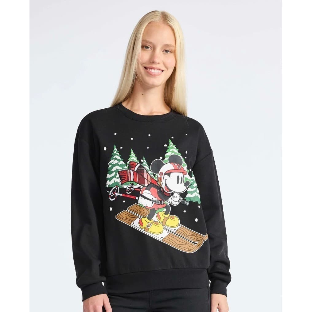 Disney Mickey Mouse Skiing Graphic Sweatshirt Black Crewneck Holiday Pullover - Thumbnail 4