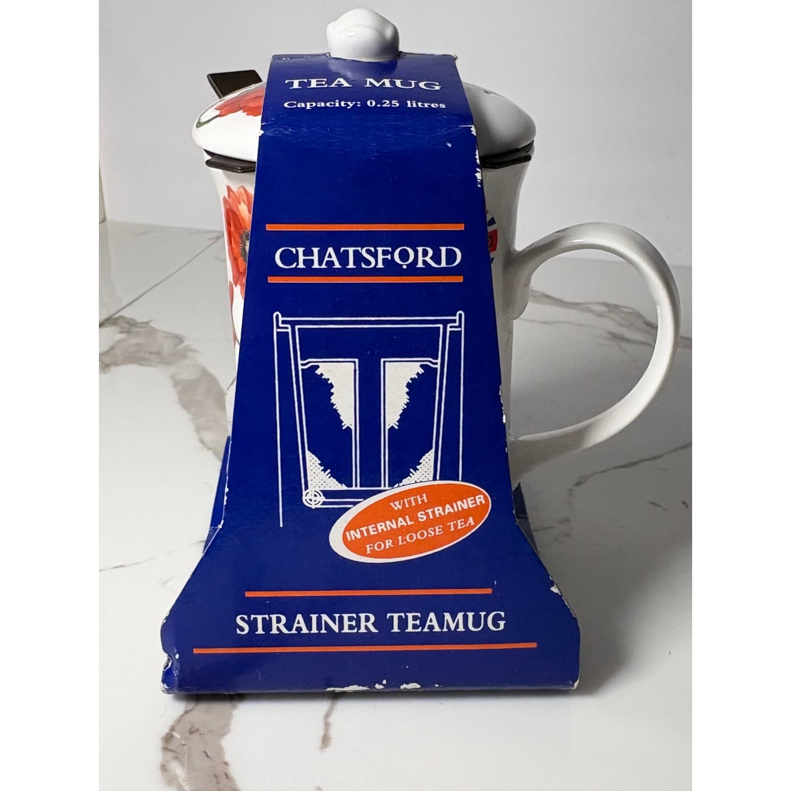 Chatsford Strainer Tea mug Red Poppy Bone China Loose Leaf Tea Mug with Lid UK - Thumbnail 2