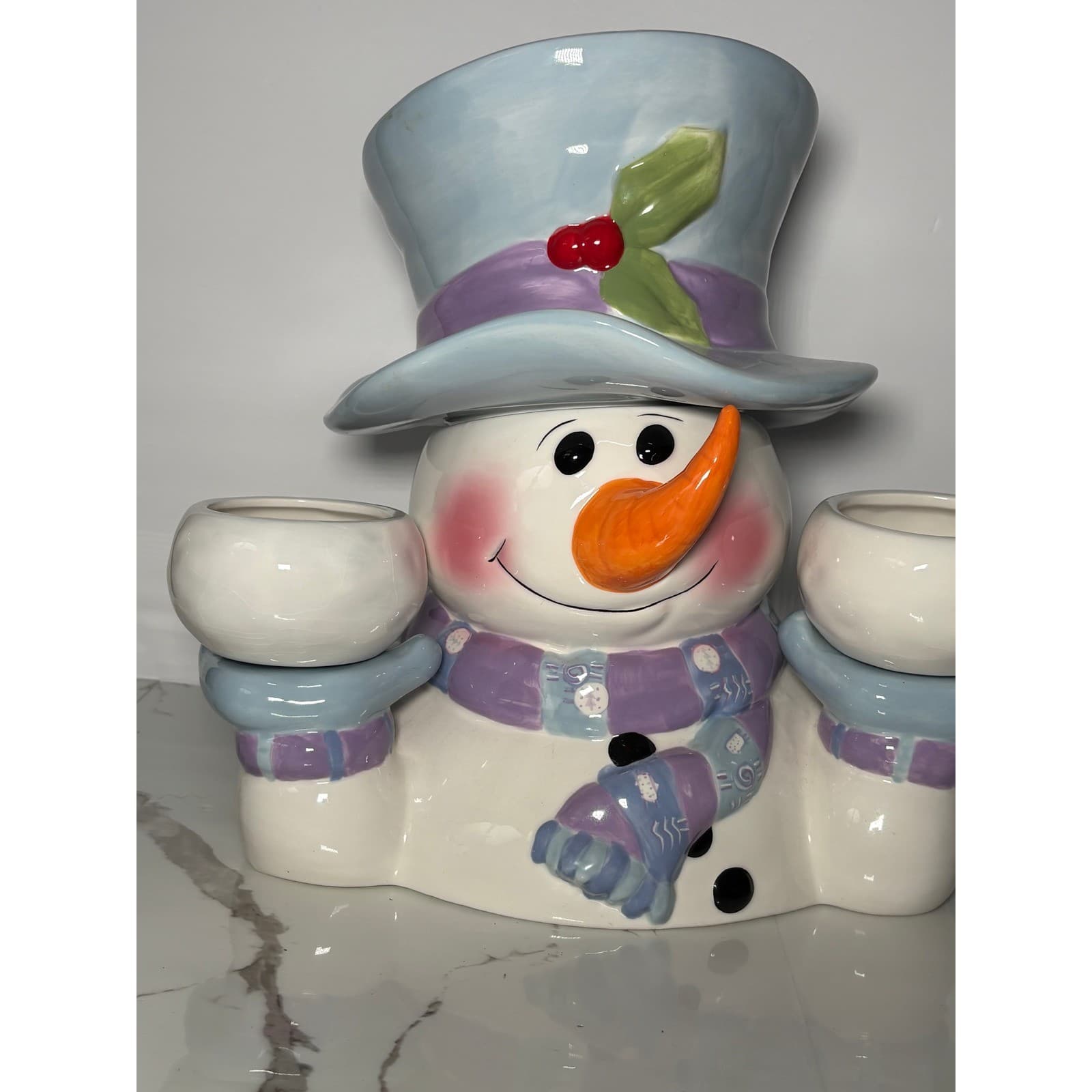 Snowman Ceramic Snack Set Cookie Jar with Magnetic Side Bowls Holiday Decor - Thumbnail 2