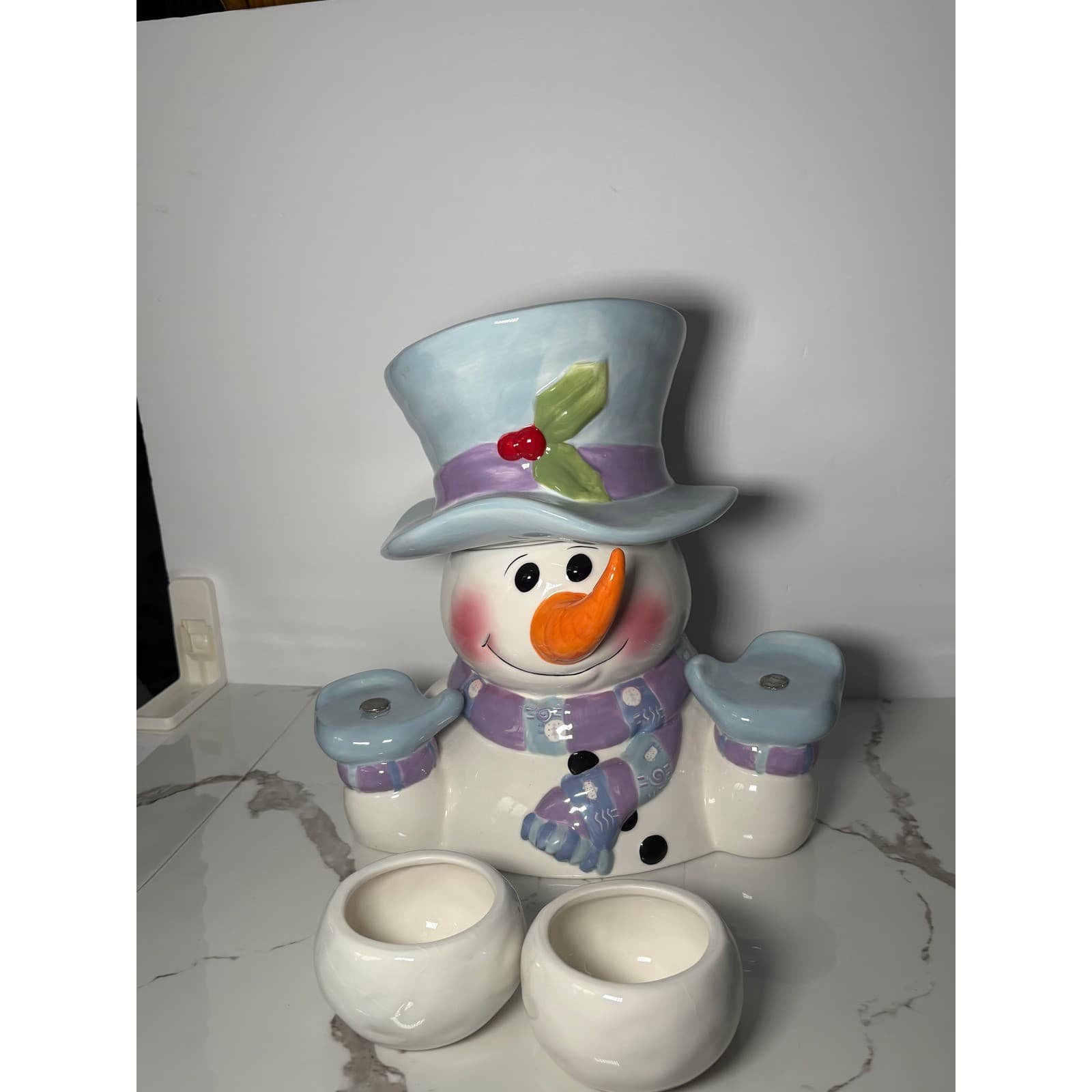 Snowman Ceramic Snack Set Cookie Jar with Magnetic Side Bowls Holiday Decor - Thumbnail 3