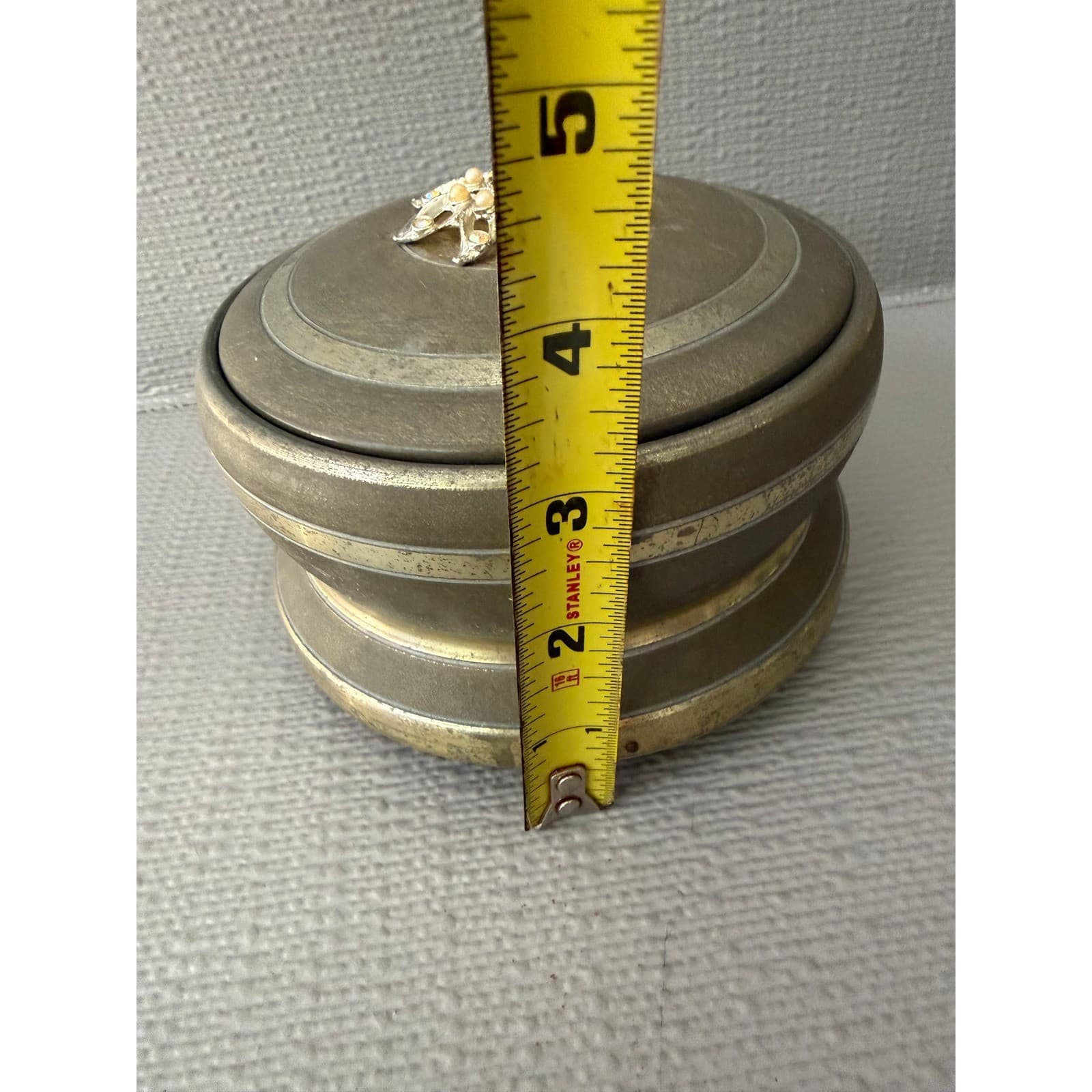 Vintage Metal Music Box Round Tiered Brass Tone Faux Pearl Rhinestone Brooch - Thumbnail 6