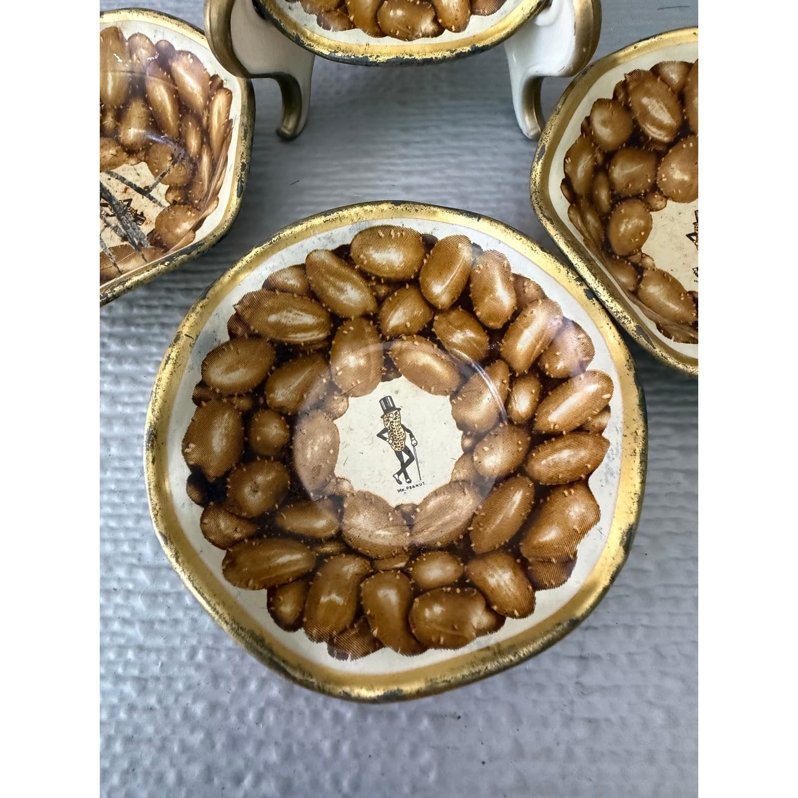 Vintage Planters Mr Peanut Metal Nut Dishes Set of 4 Gold Tone Made in USA - Thumbnail 2