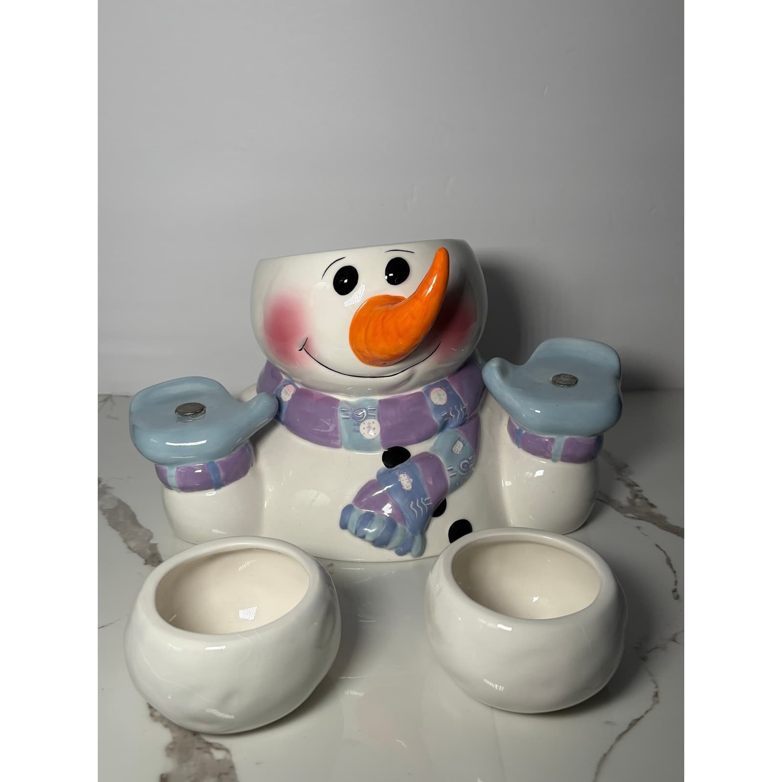 Snowman Ceramic Snack Set Cookie Jar with Magnetic Side Bowls Holiday Decor - Thumbnail 4