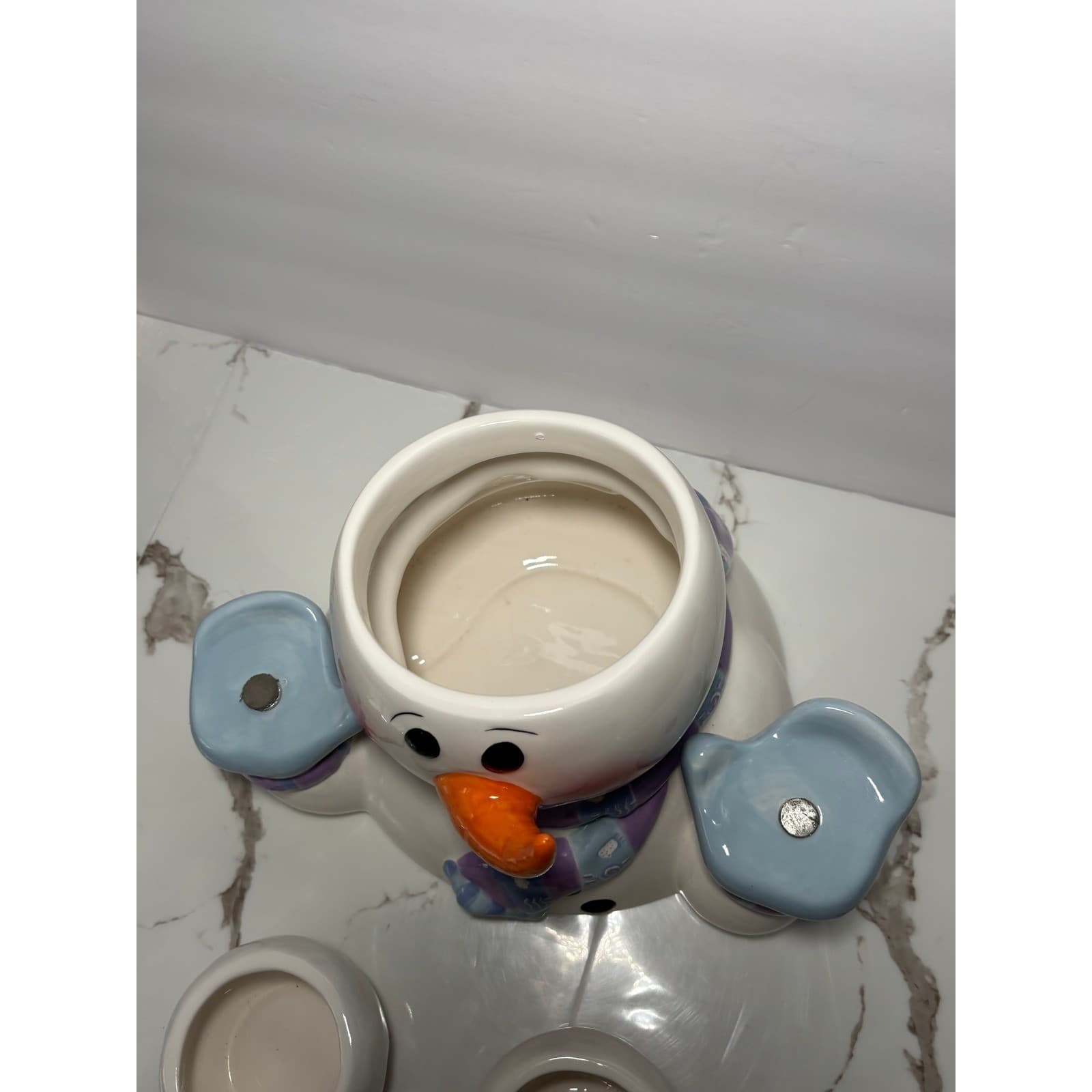 Snowman Ceramic Snack Set Cookie Jar with Magnetic Side Bowls Holiday Decor - Thumbnail 6