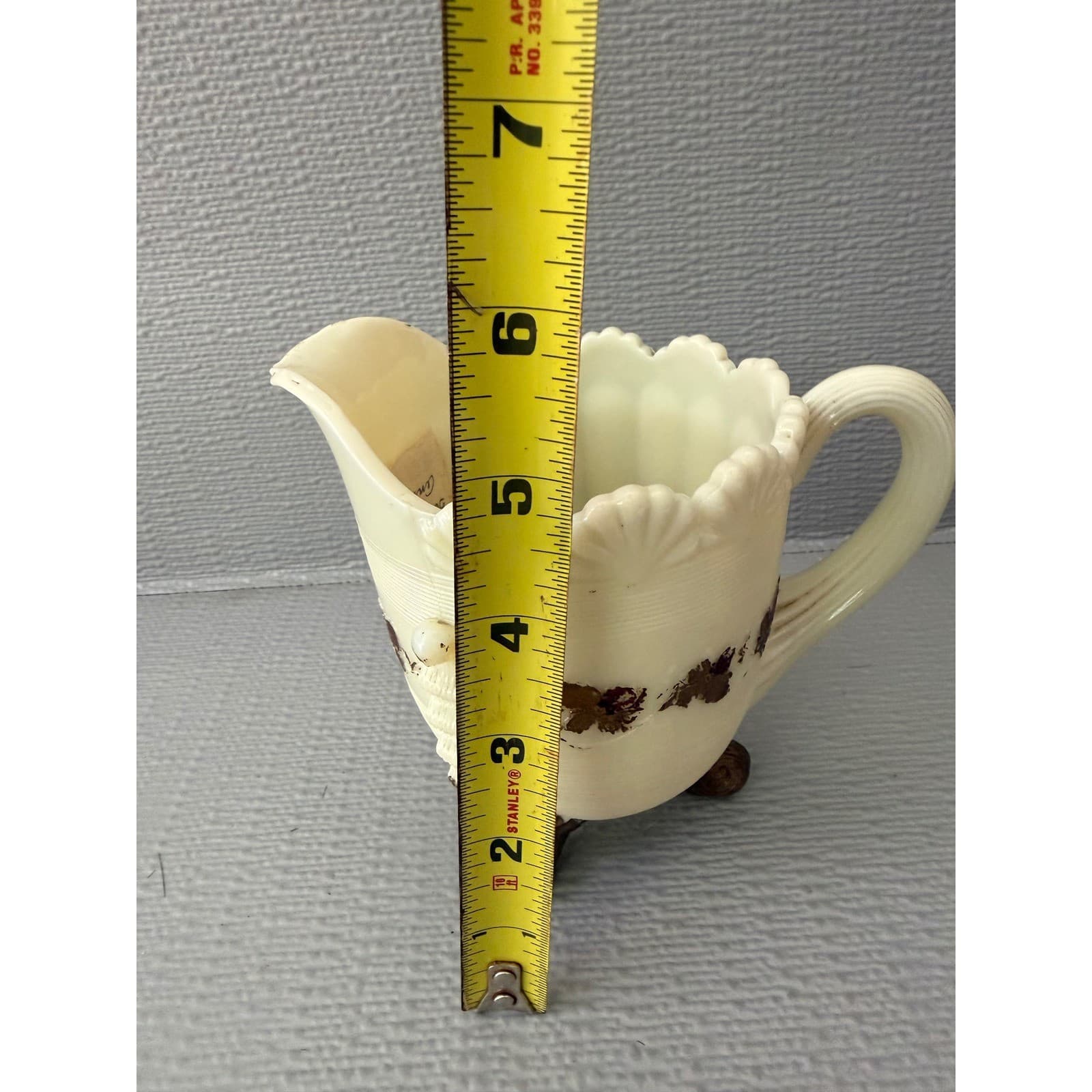 Vintage Custard Uranium Glass Creamer Pitcher Shell Design UV Glow Floral - Thumbnail 12