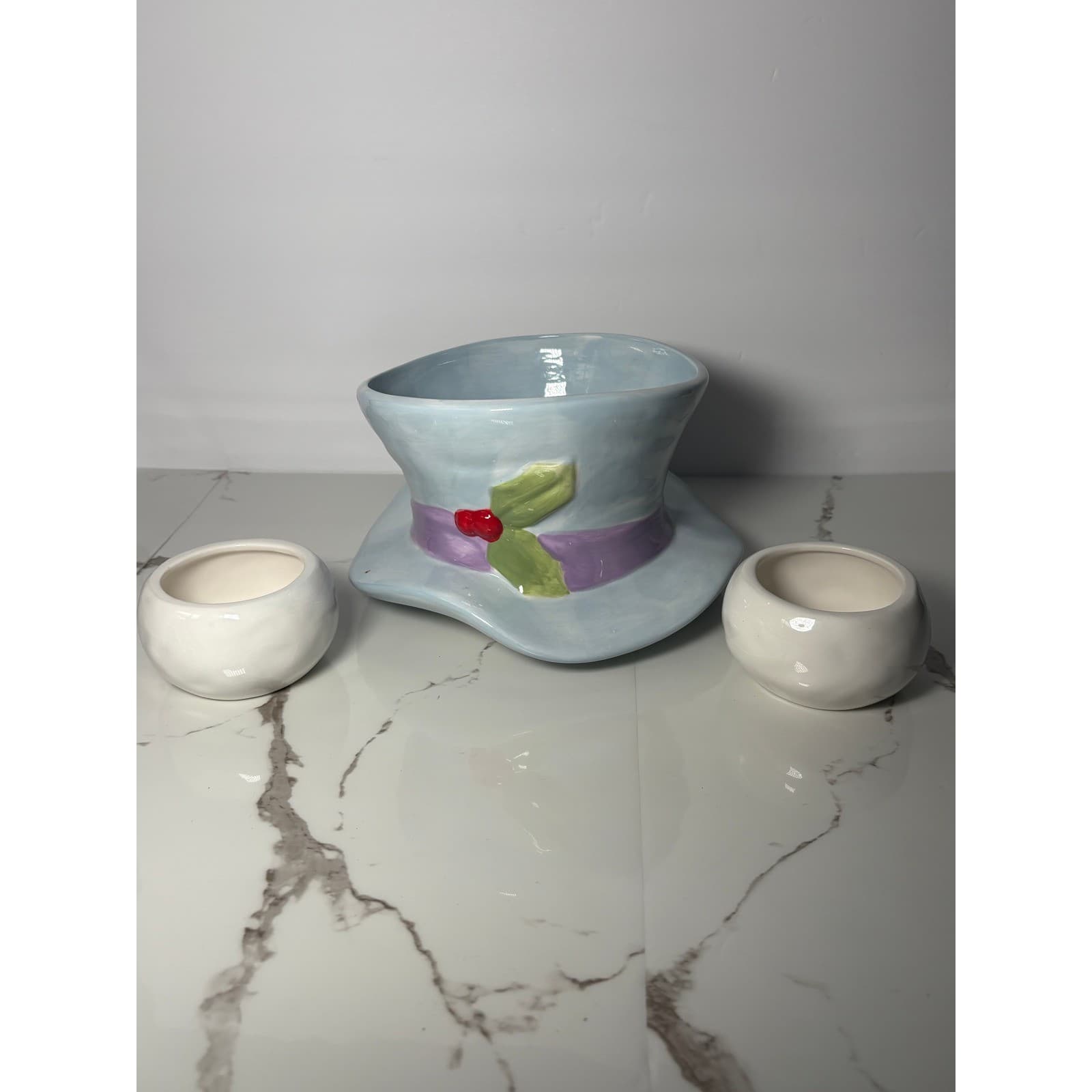 Snowman Ceramic Snack Set Cookie Jar with Magnetic Side Bowls Holiday Decor - Thumbnail 5