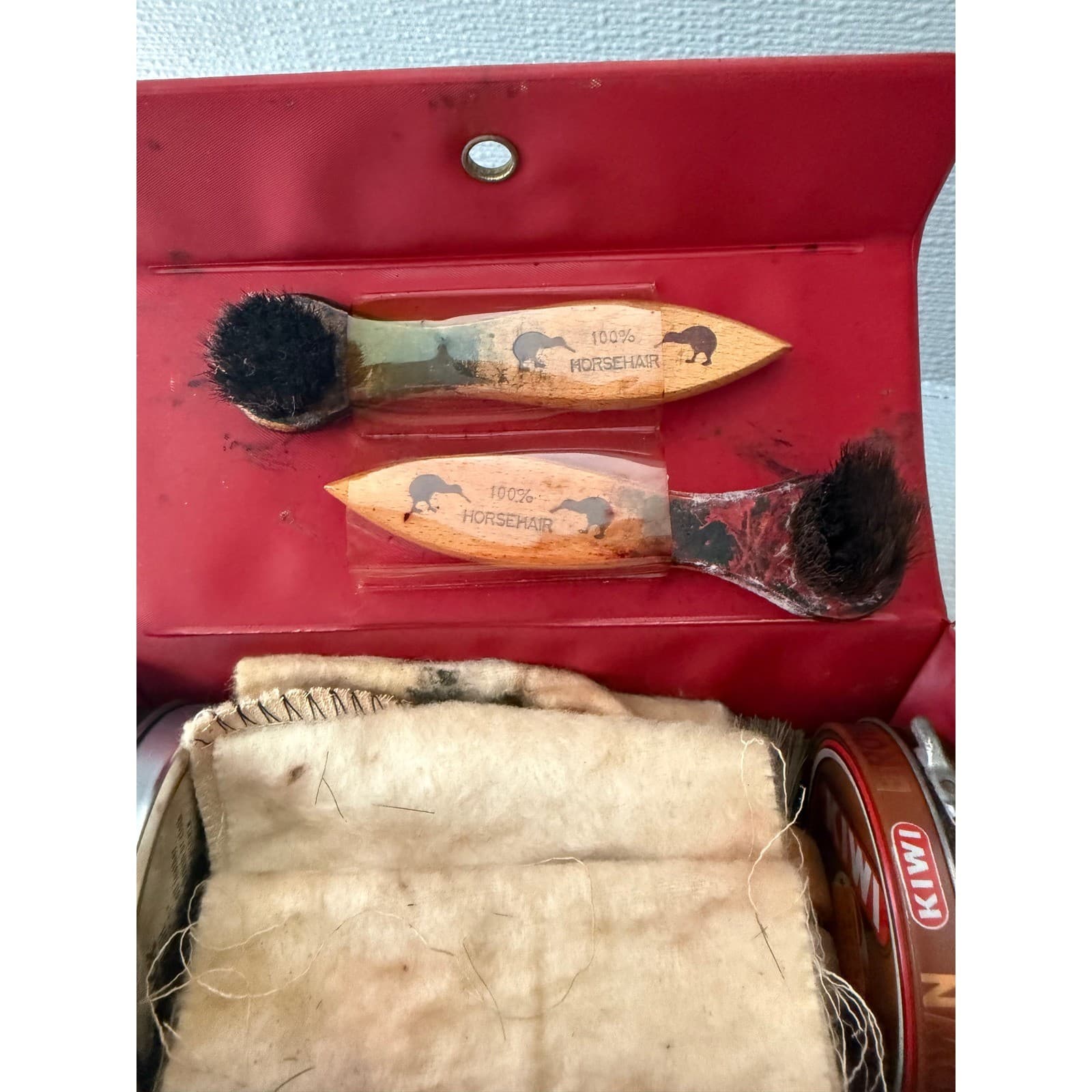 Vintage Kiwi Shoe Shine Kit Horsehair Brushes Polish Travel Case - Thumbnail 7