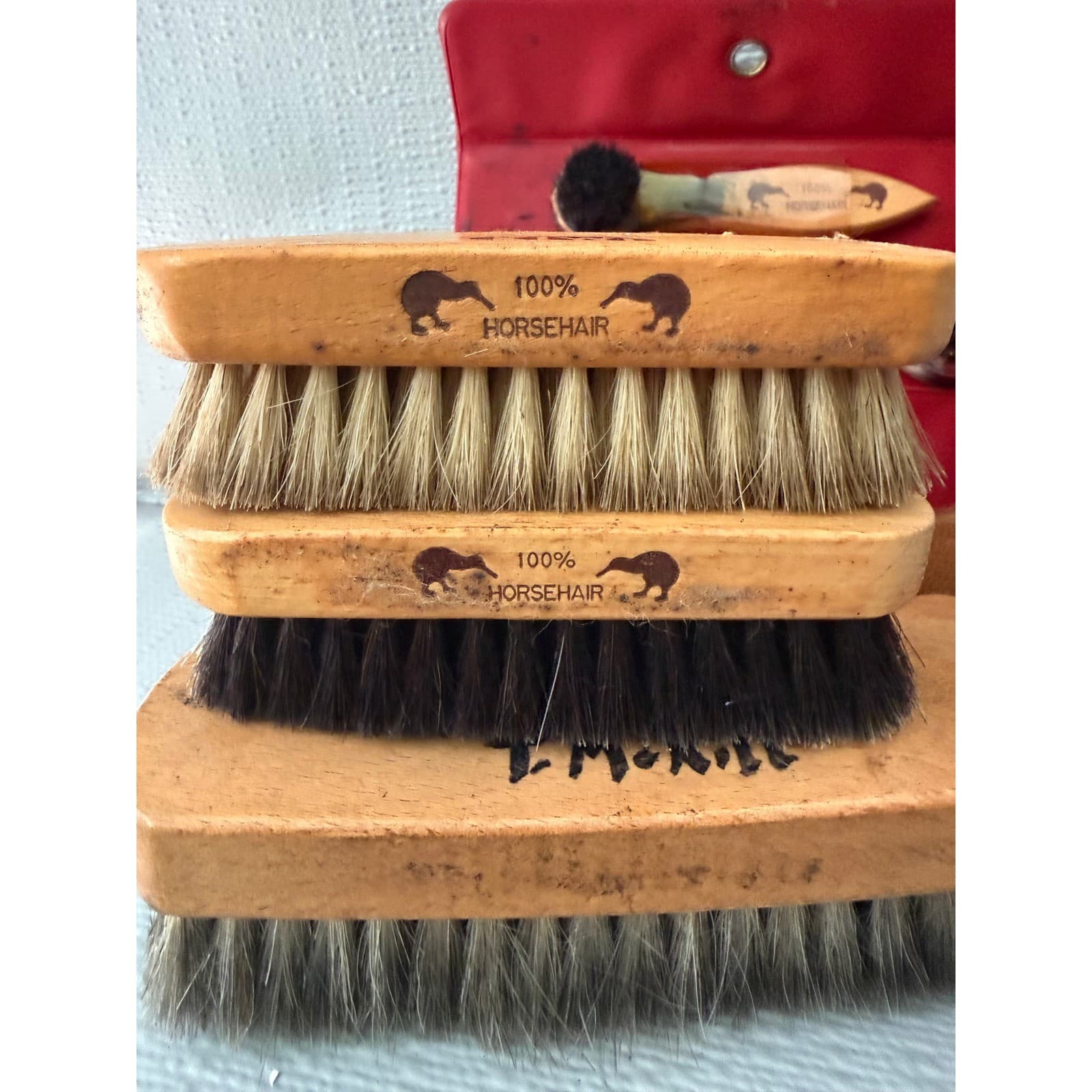 Vintage Kiwi Shoe Shine Kit Horsehair Brushes Polish Travel Case - Thumbnail 9