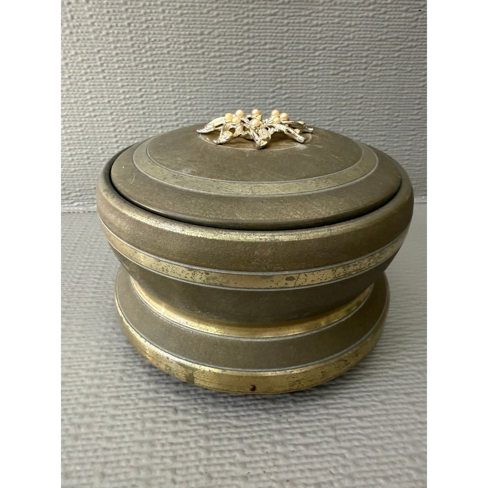 Vintage Metal Music Box Round Tiered Brass Tone Faux Pearl Rhinestone Brooch - Thumbnail 2