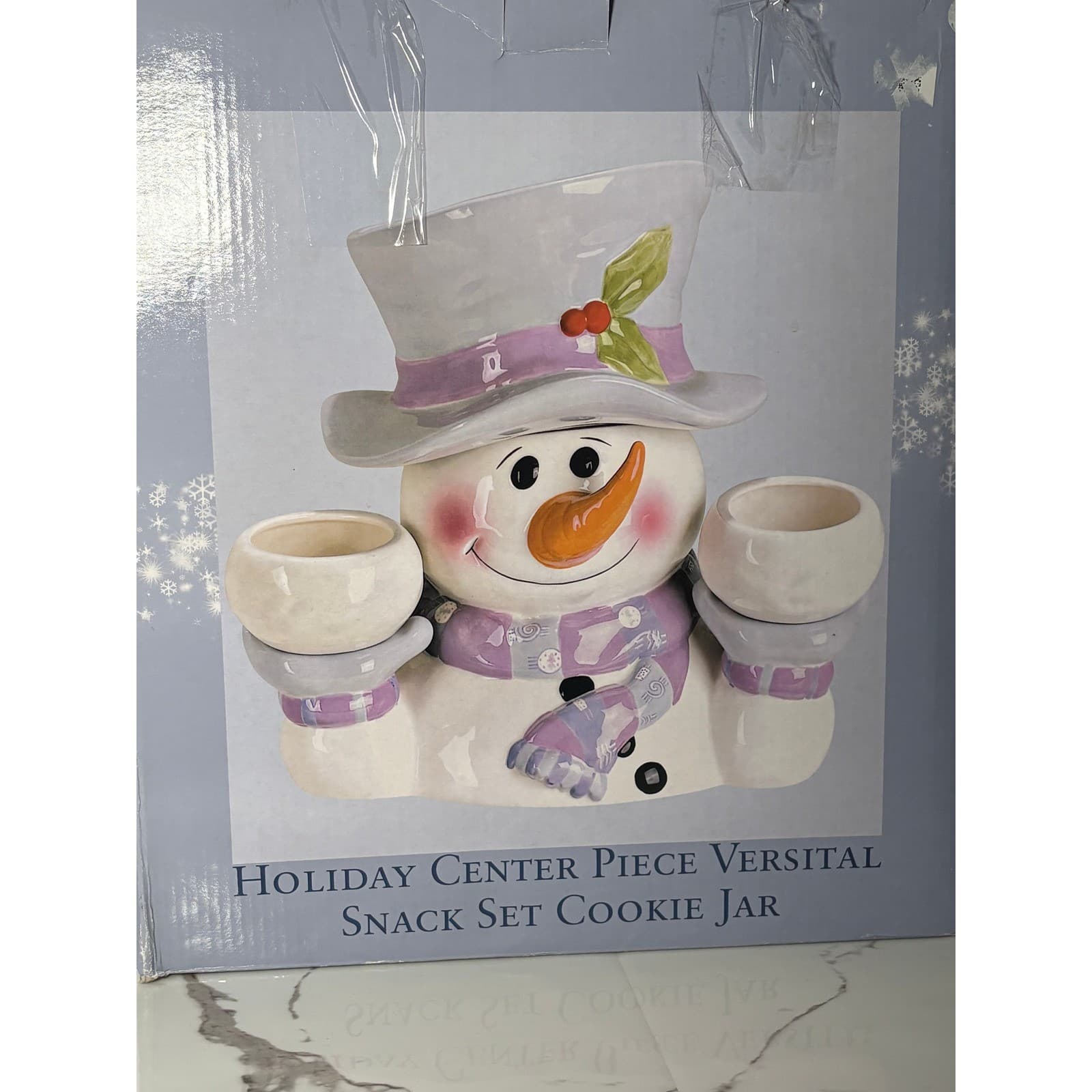 Snowman Ceramic Snack Set Cookie Jar with Magnetic Side Bowls Holiday Decor - Thumbnail 12