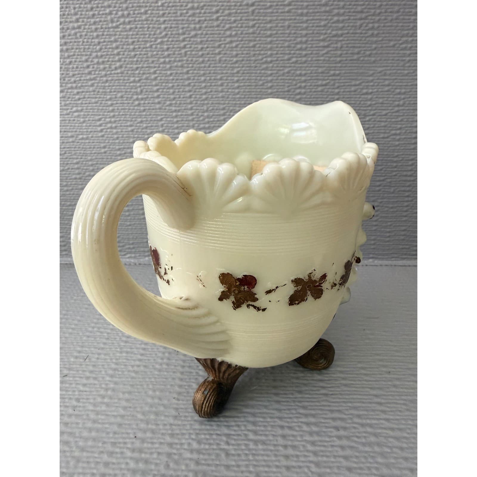 Vintage Custard Uranium Glass Creamer Pitcher Shell Design UV Glow Floral - Thumbnail 7